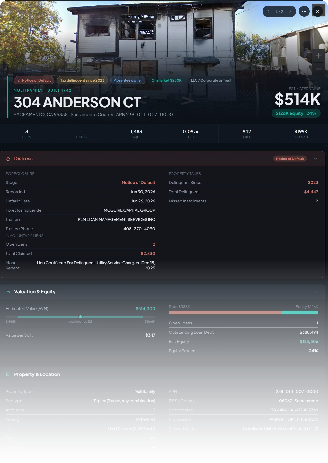 A Properant distressed property profile — foreclosure stage, trustee contact, tax delinquency, liens, and equity on one page