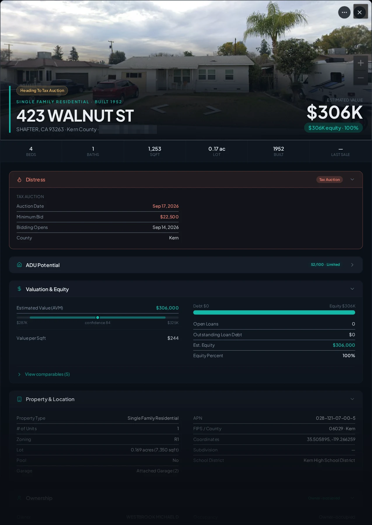A Properant property profile of a Kern County home heading to the county tax auction — sale date, minimum bid, owner record, loans, liens, and equity on one page