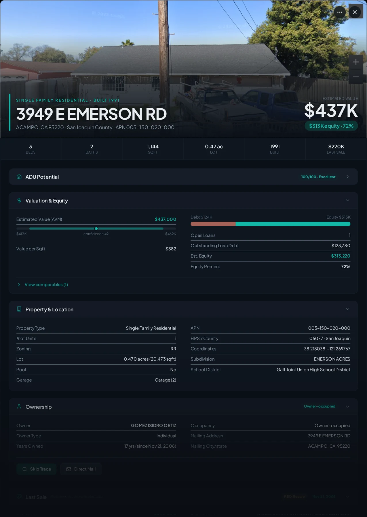 A real Acampo, California foreclosure record in Properant — stage, recorded dates, lender, trustee, loans, liens, and equity on one page