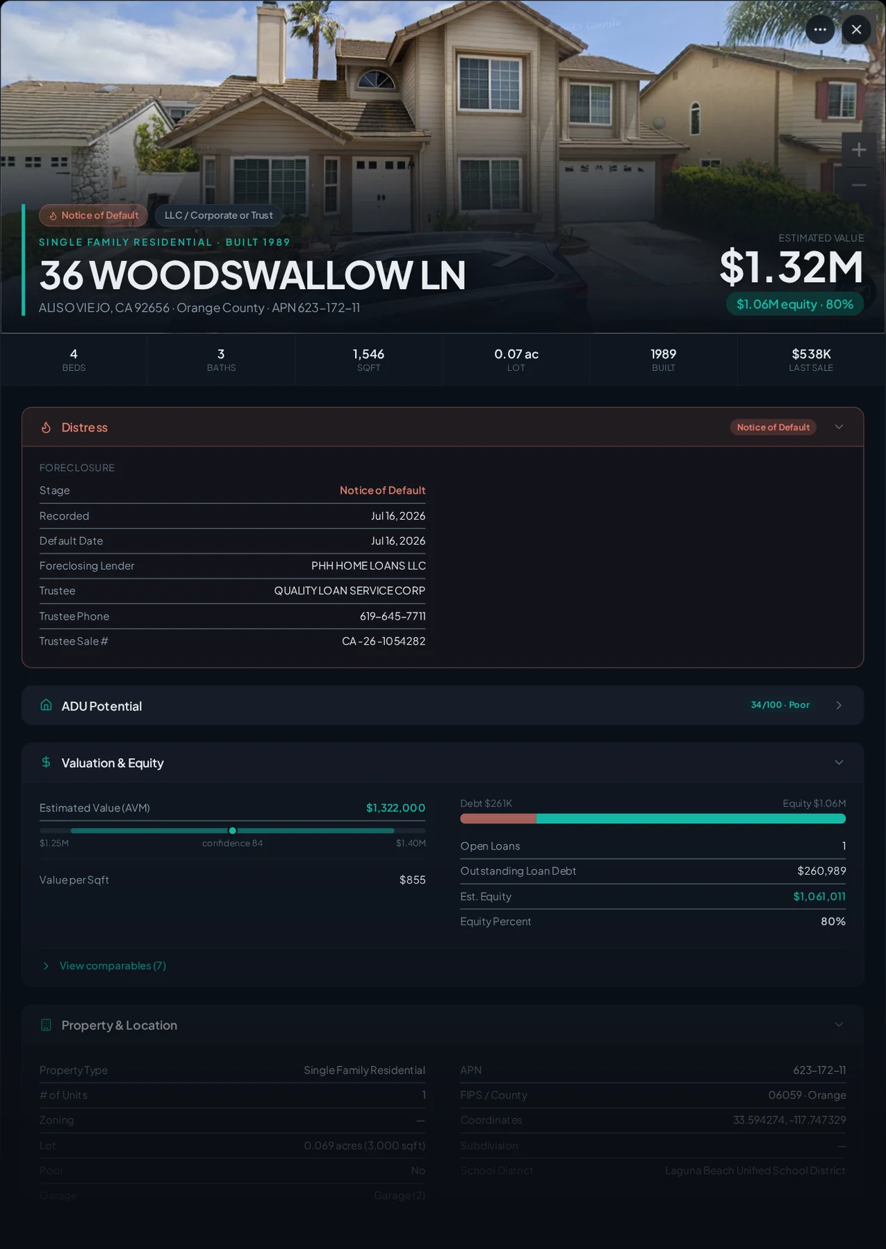 A real Aliso Viejo, California foreclosure record in Properant — stage, recorded dates, lender, trustee, loans, liens, and equity on one page