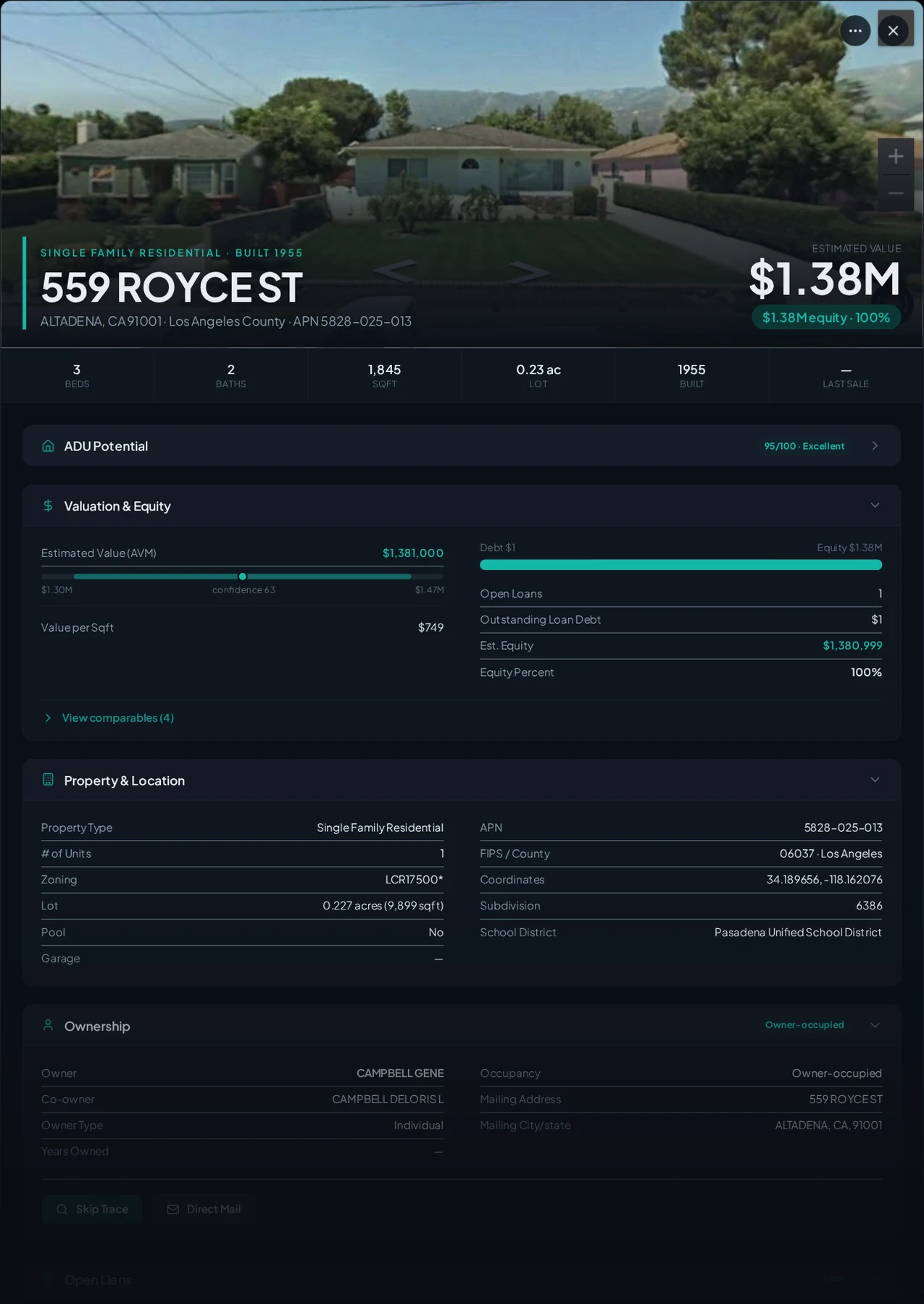 A real Altadena, California foreclosure record in Properant — stage, recorded dates, lender, trustee, loans, liens, and equity on one page