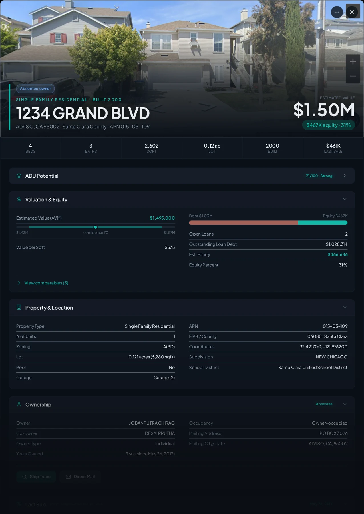 A real Alviso, California foreclosure record in Properant — stage, recorded dates, lender, trustee, loans, liens, and equity on one page