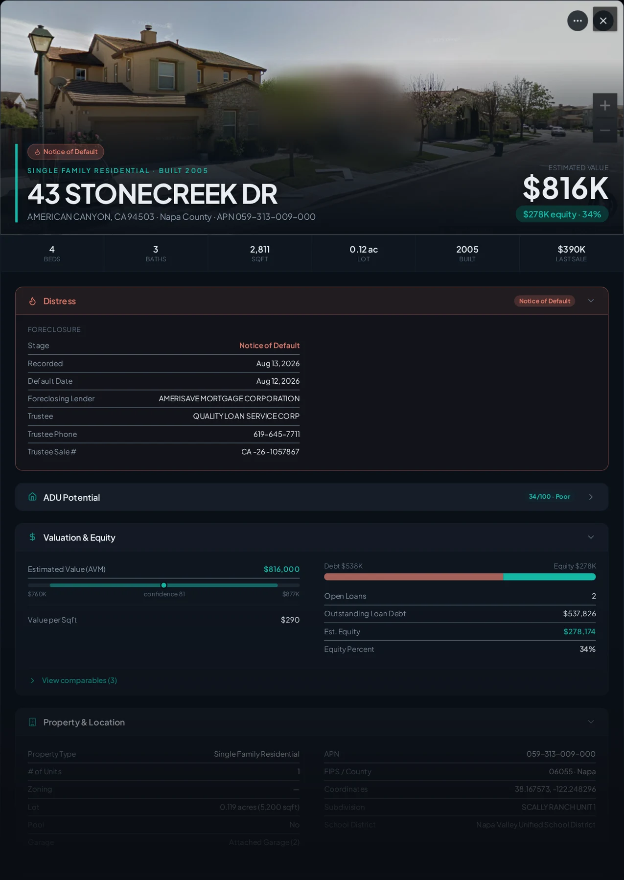 A real American Canyon, California foreclosure record in Properant — stage, recorded dates, lender, trustee, loans, liens, and equity on one page