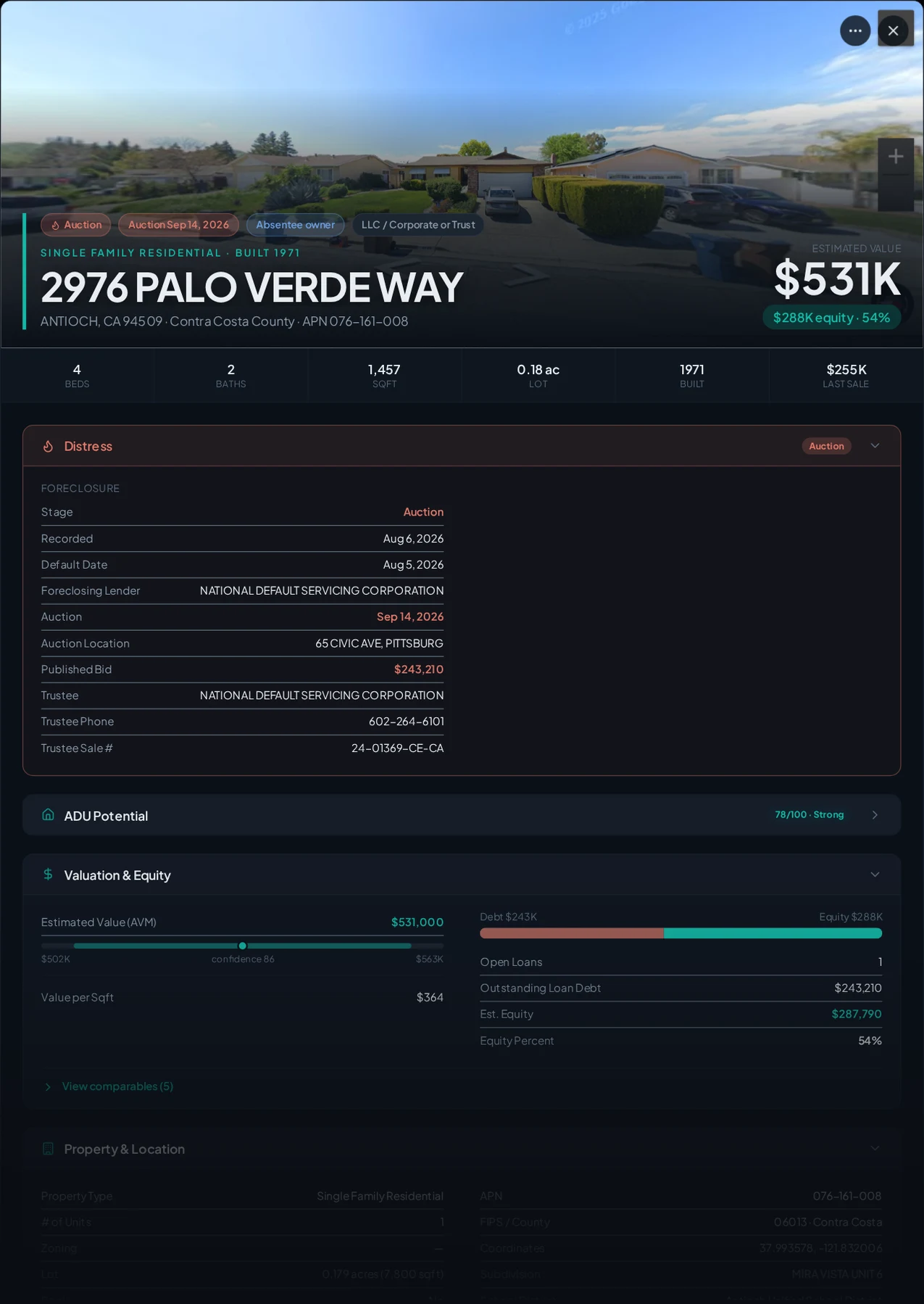 A real Antioch, California foreclosure record in Properant — stage, recorded dates, lender, trustee, loans, liens, and equity on one page