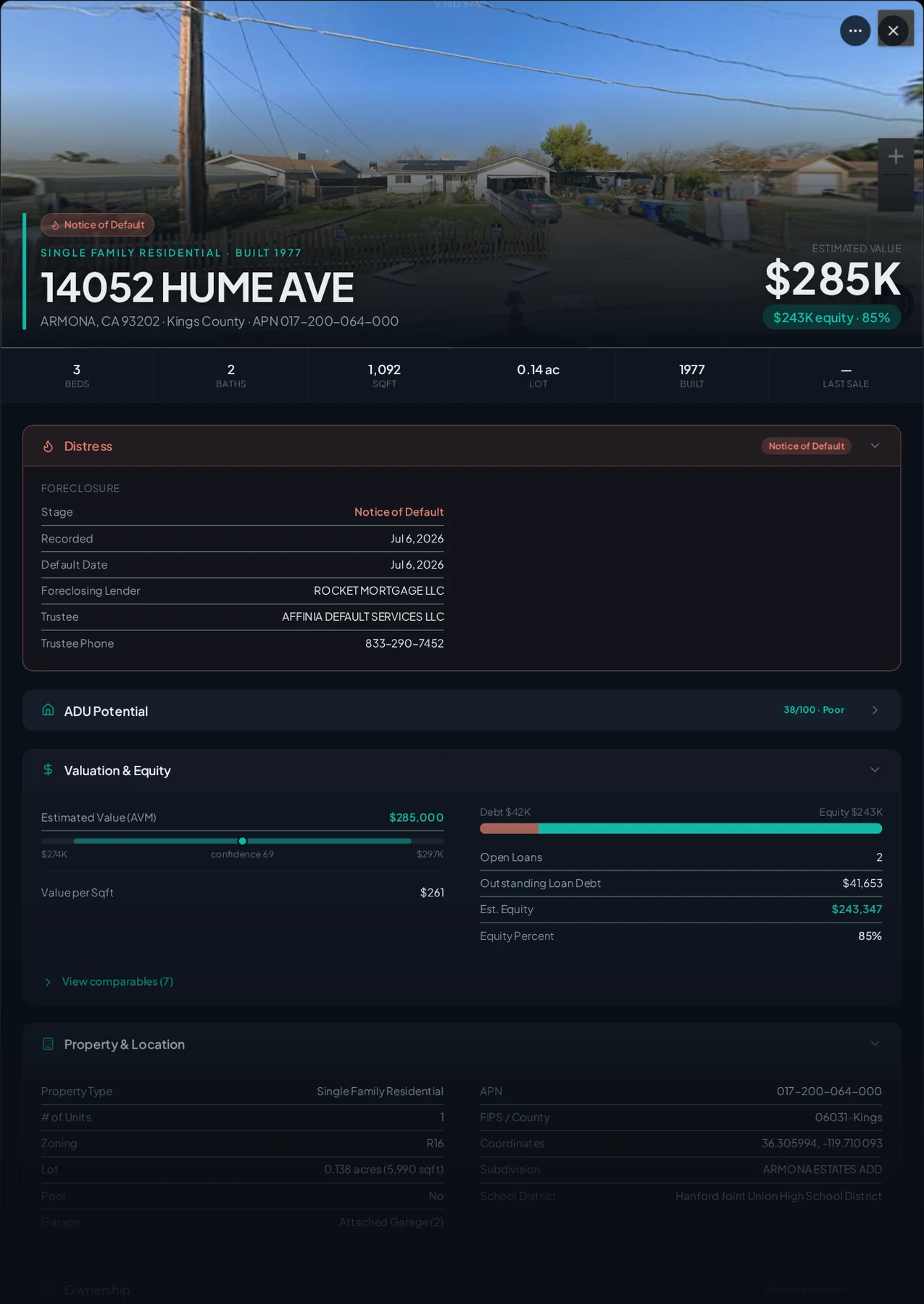 A real Armona, California foreclosure record in Properant — stage, recorded dates, lender, trustee, loans, liens, and equity on one page