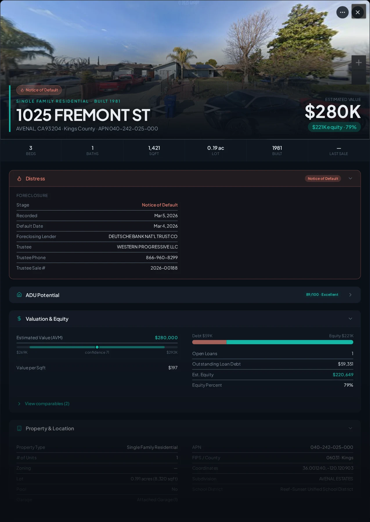 A real Avenal, California foreclosure record in Properant — stage, recorded dates, lender, trustee, loans, liens, and equity on one page