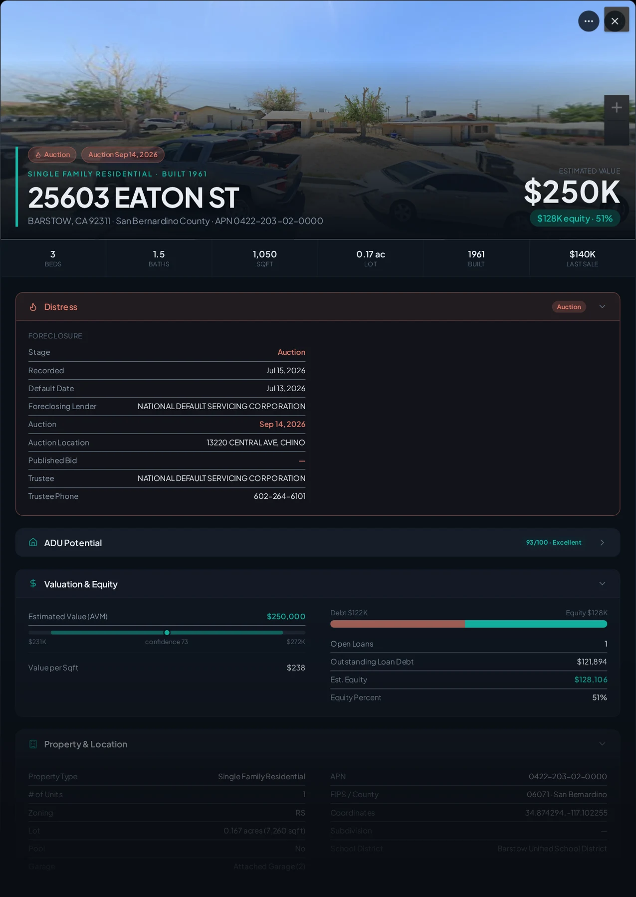A real Barstow, California foreclosure record in Properant — stage, recorded dates, lender, trustee, loans, liens, and equity on one page