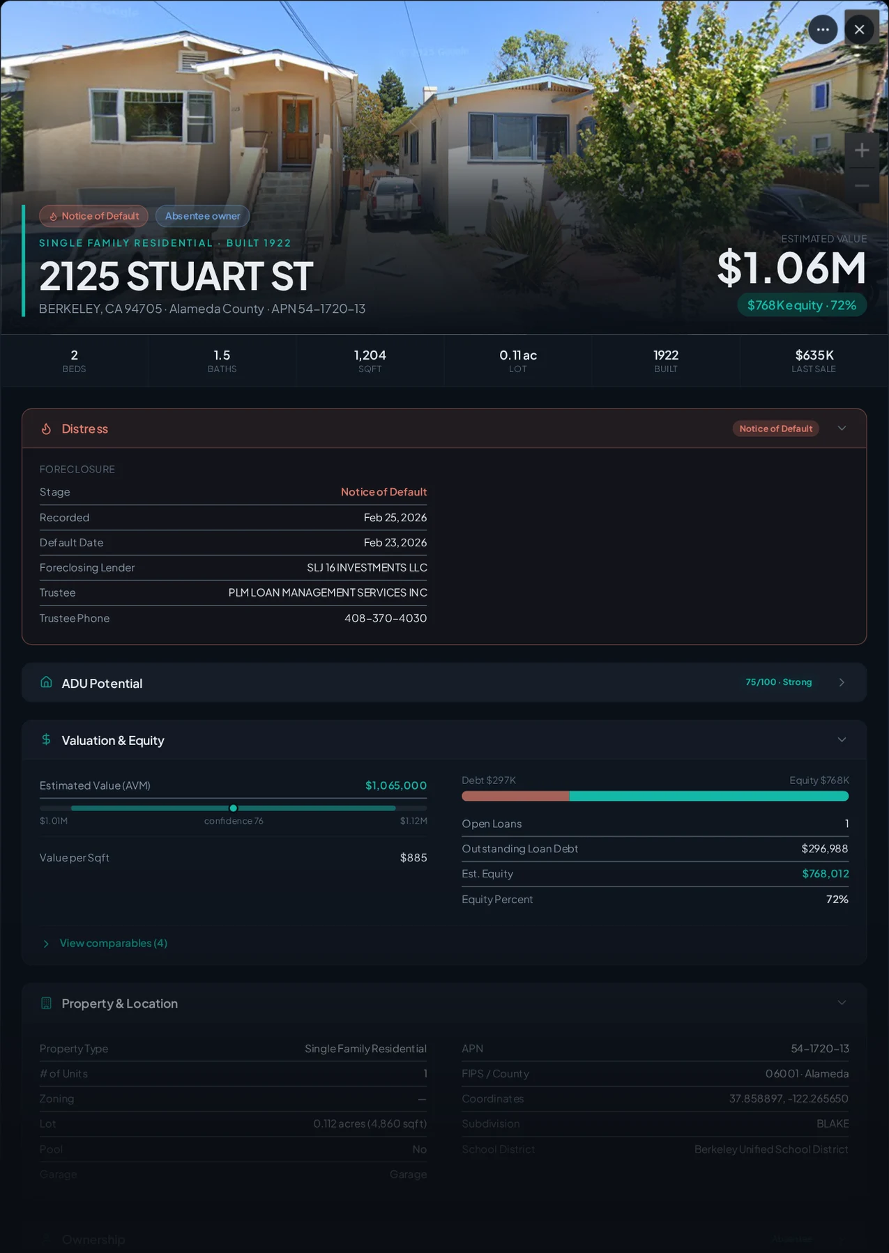 A real Berkeley, California foreclosure record in Properant — stage, recorded dates, lender, trustee, loans, liens, and equity on one page