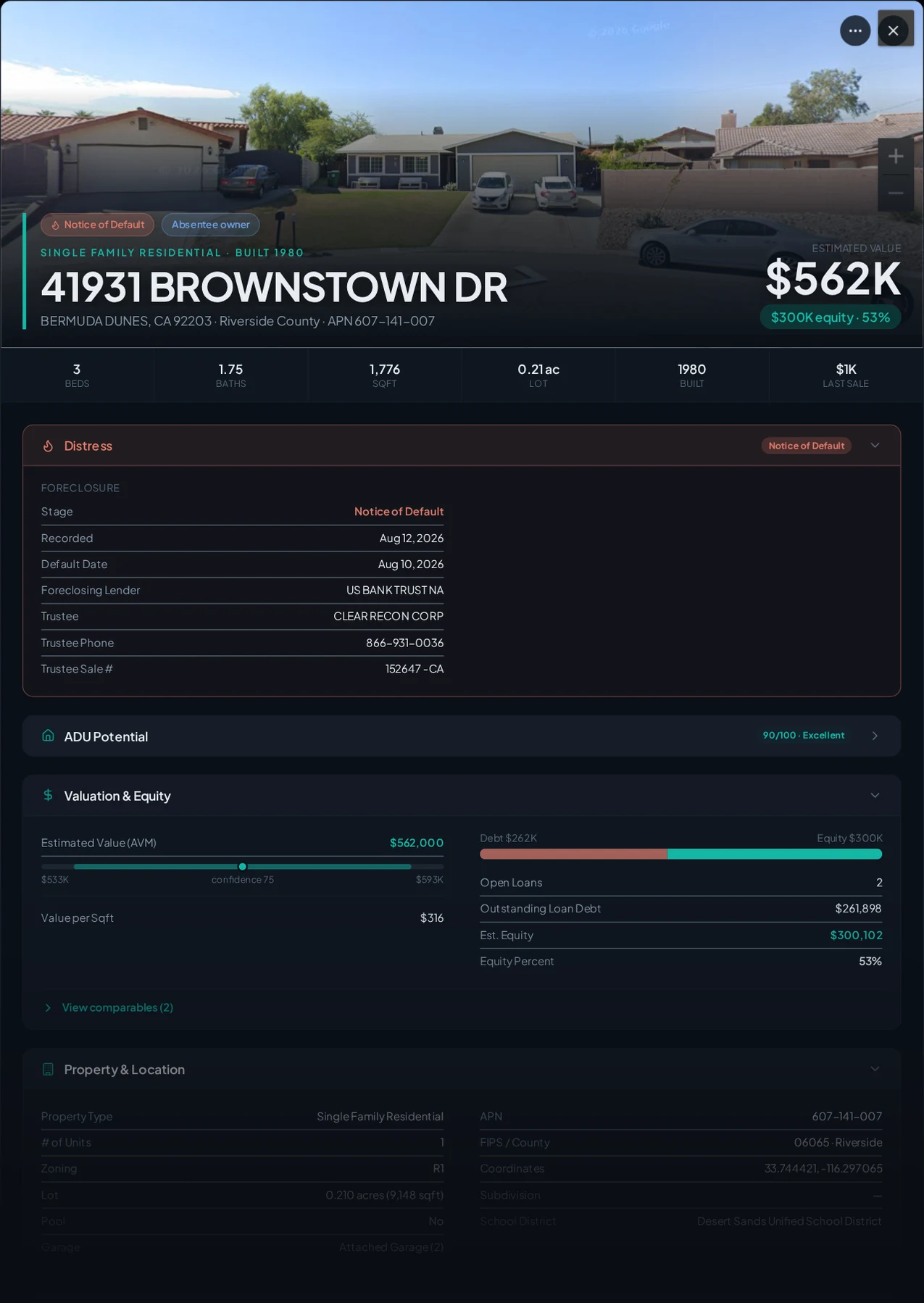 A real Bermuda Dunes, California foreclosure record in Properant — stage, recorded dates, lender, trustee, loans, liens, and equity on one page