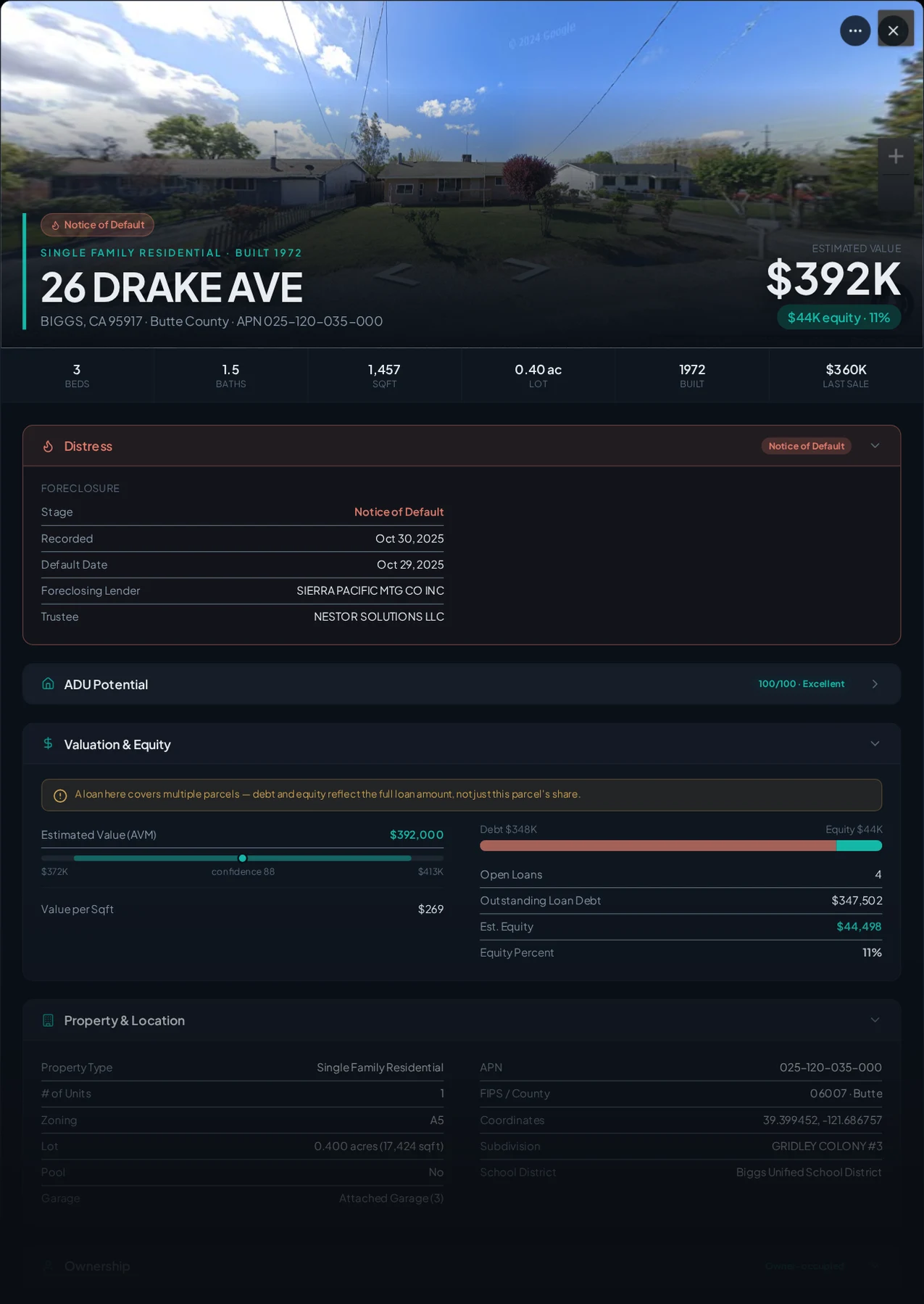 A real Biggs, California foreclosure record in Properant — stage, recorded dates, lender, trustee, loans, liens, and equity on one page