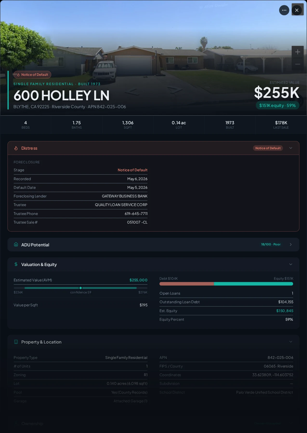 A real Blythe, California foreclosure record in Properant — stage, recorded dates, lender, trustee, loans, liens, and equity on one page