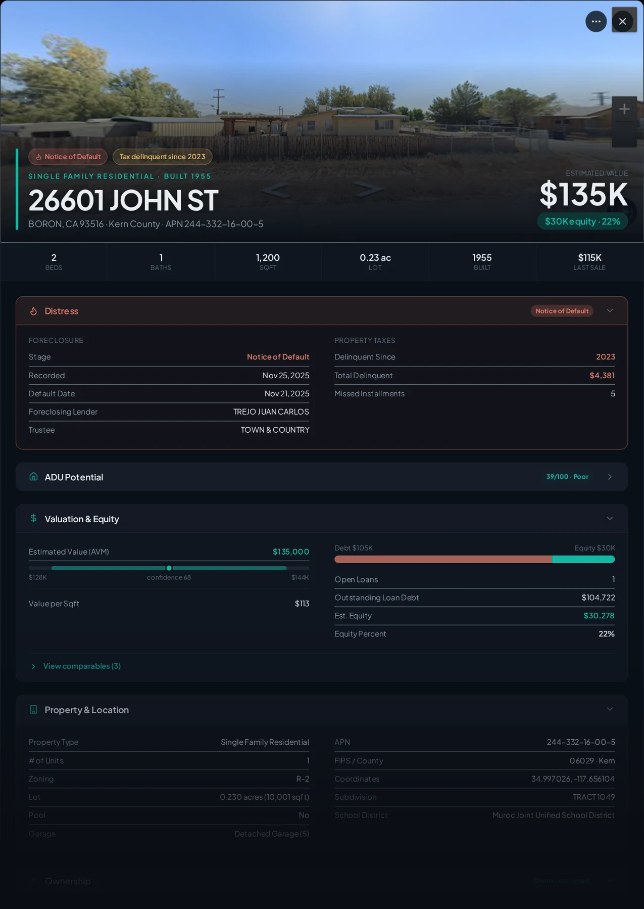 A real Boron, California foreclosure record in Properant — stage, recorded dates, lender, trustee, loans, liens, and equity on one page