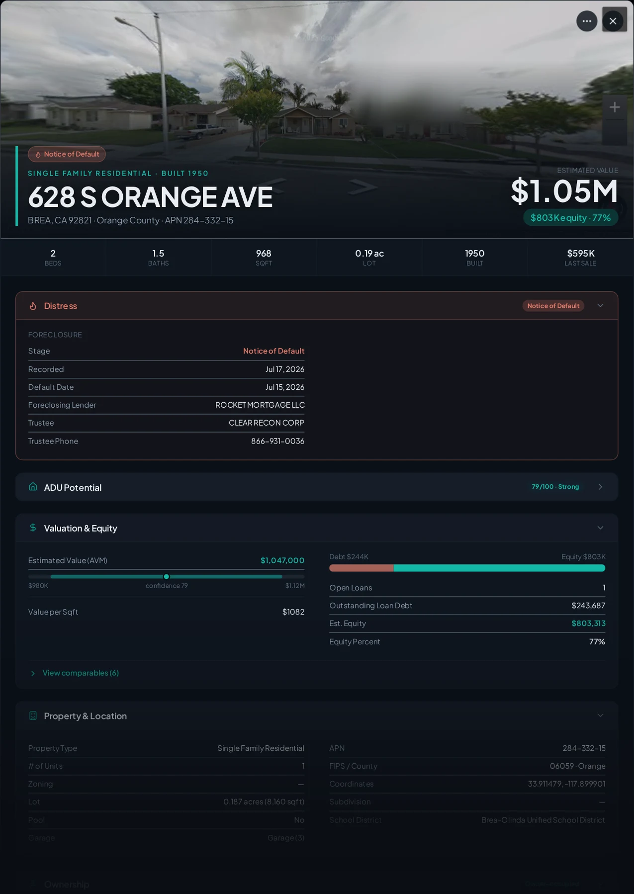 A real Brea, California foreclosure record in Properant — stage, recorded dates, lender, trustee, loans, liens, and equity on one page