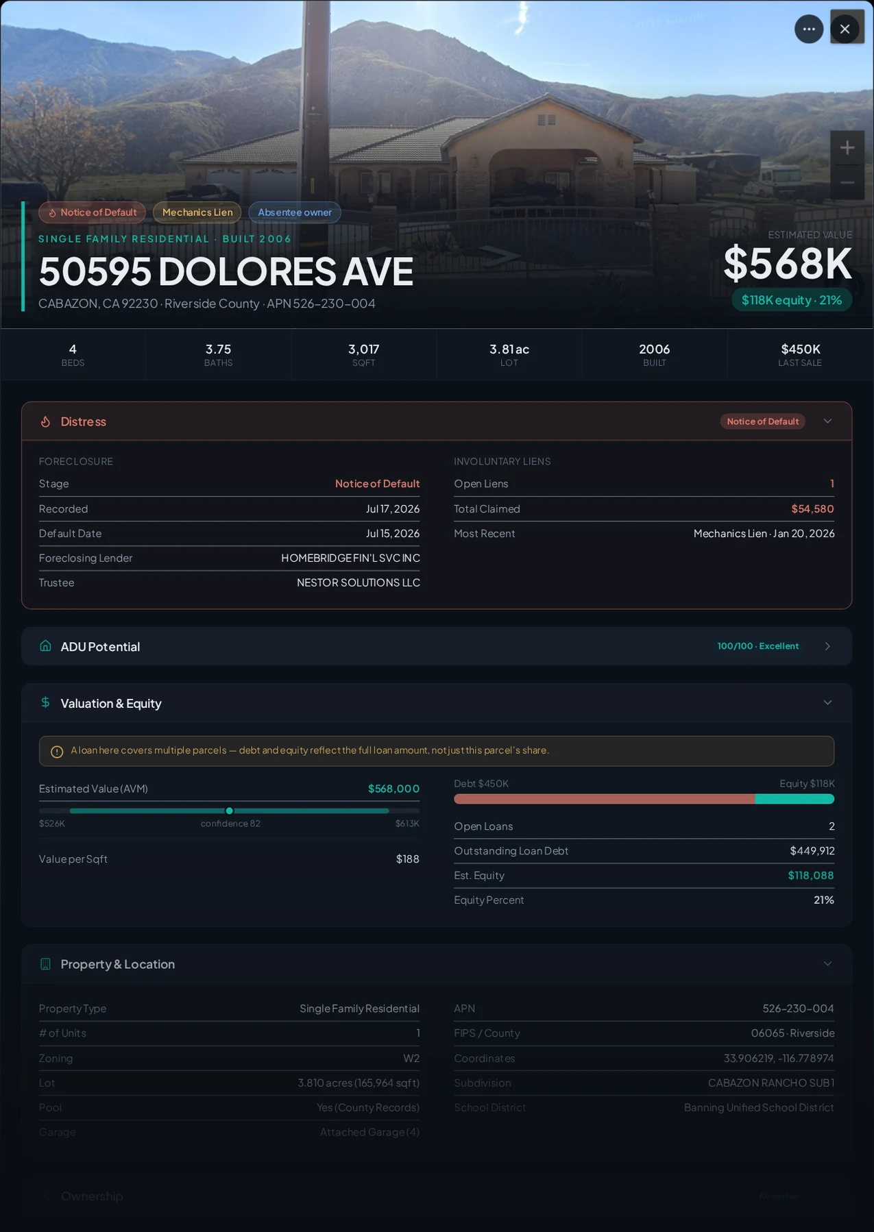 A real Cabazon, California foreclosure record in Properant — stage, recorded dates, lender, trustee, loans, liens, and equity on one page