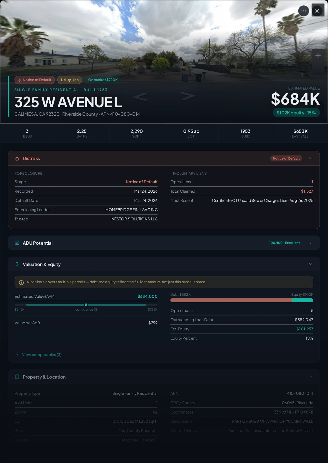 A real Calimesa, California foreclosure record in Properant — stage, recorded dates, lender, trustee, loans, liens, and equity on one page