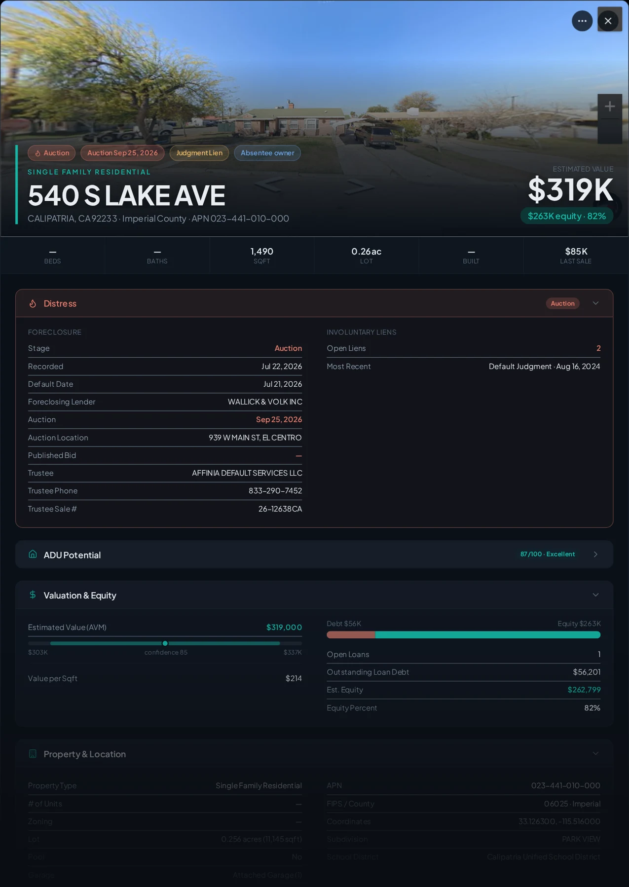A real Calipatria, California foreclosure record in Properant — stage, recorded dates, lender, trustee, loans, liens, and equity on one page
