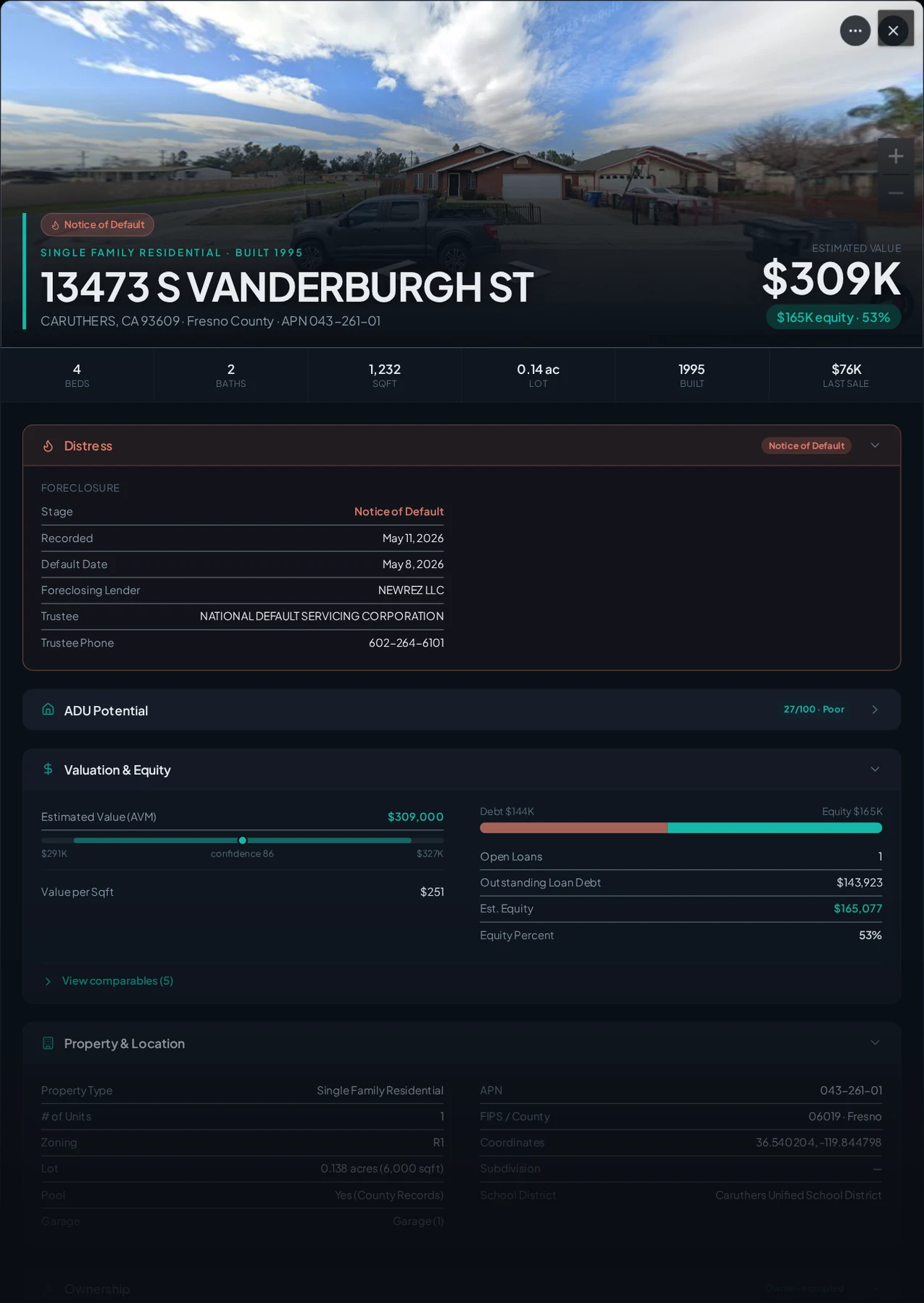 A real Caruthers, California foreclosure record in Properant — stage, recorded dates, lender, trustee, loans, liens, and equity on one page