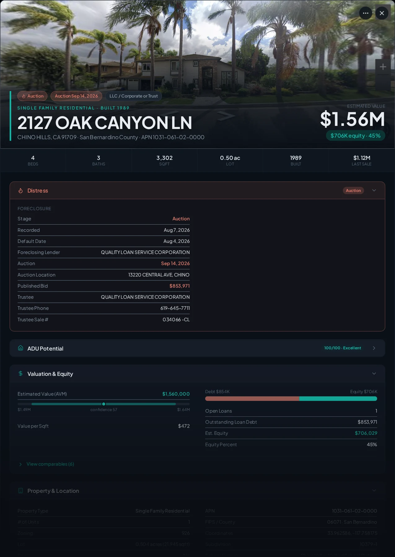 A real Chino Hills, California foreclosure record in Properant — stage, recorded dates, lender, trustee, loans, liens, and equity on one page