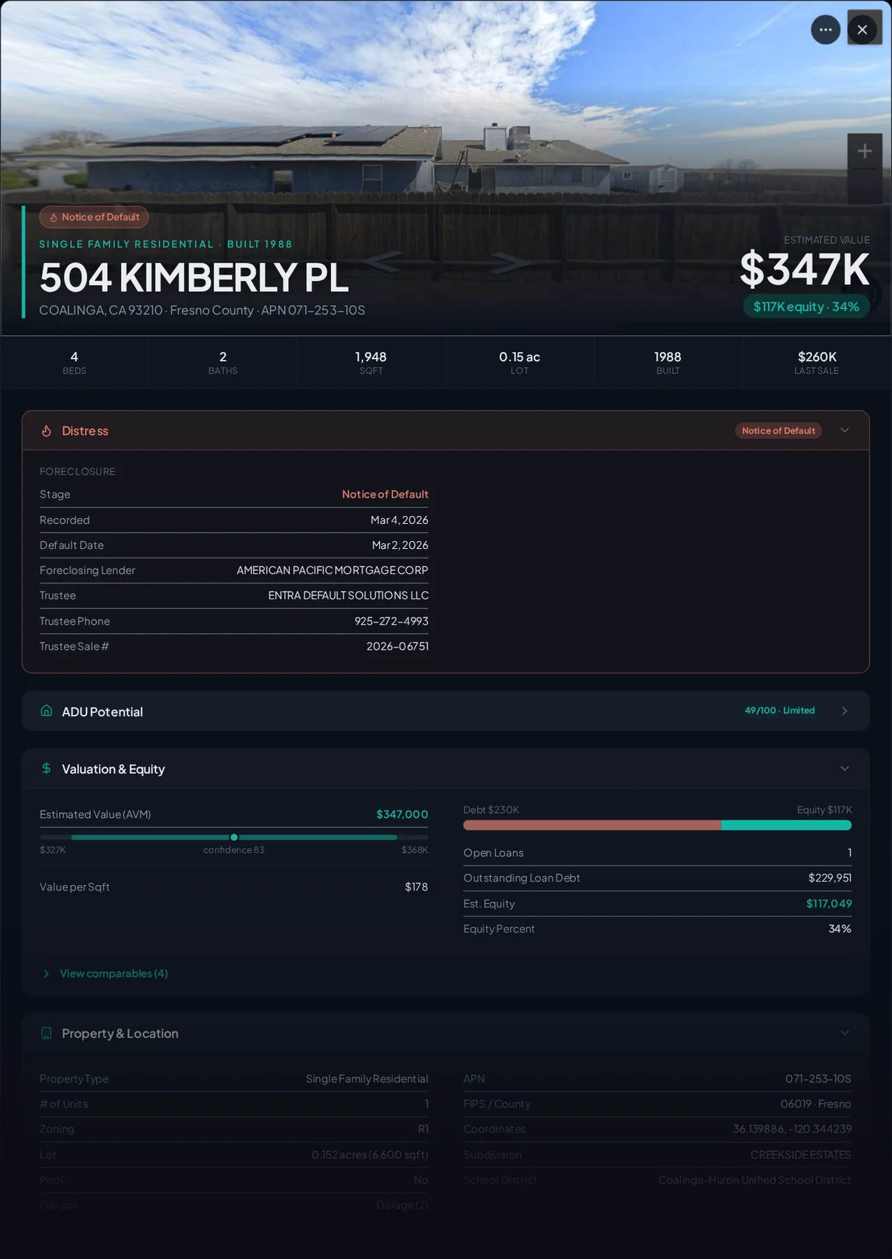 A real Coalinga, California foreclosure record in Properant — stage, recorded dates, lender, trustee, loans, liens, and equity on one page