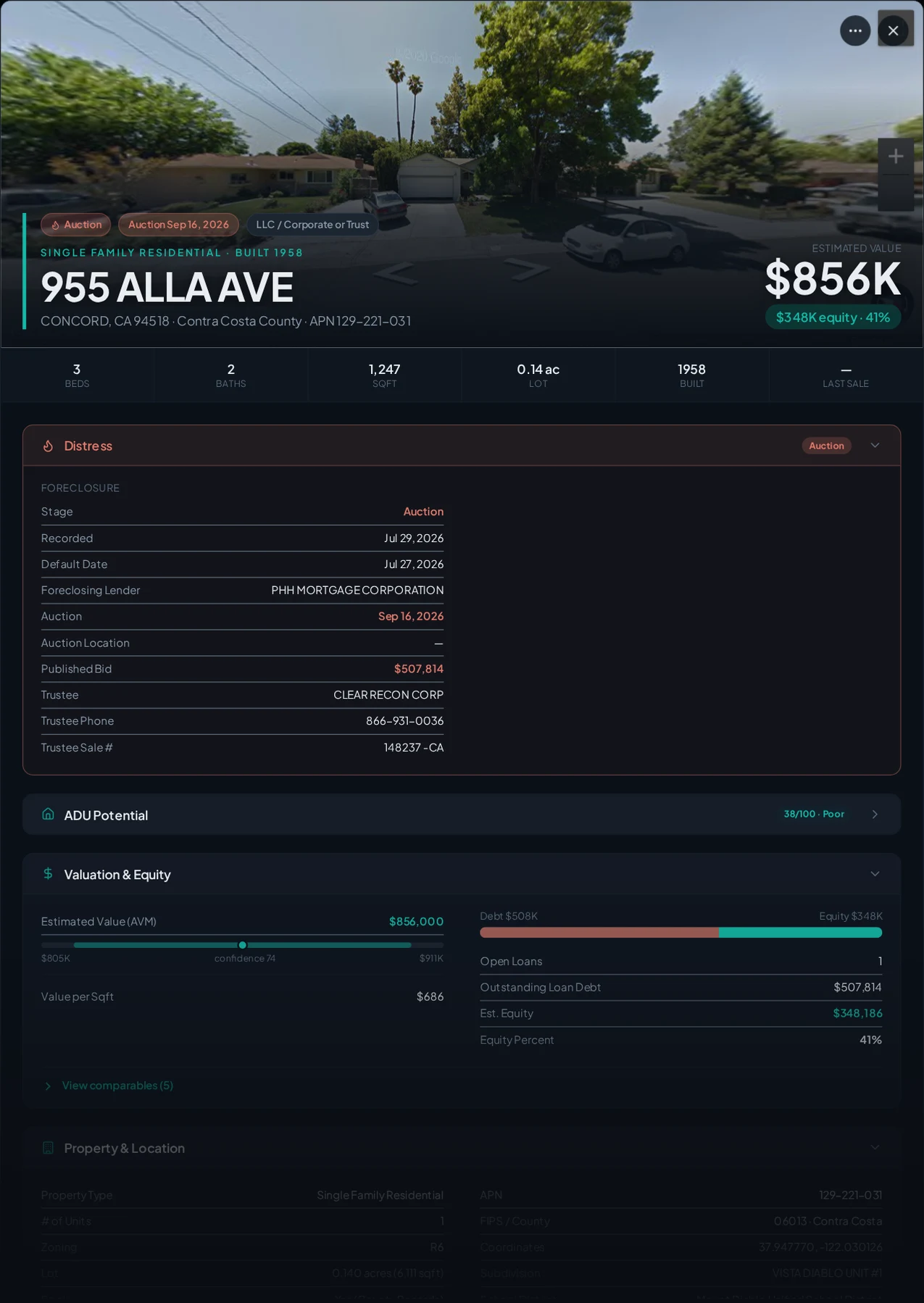 A real Concord, California foreclosure record in Properant — stage, recorded dates, lender, trustee, loans, liens, and equity on one page