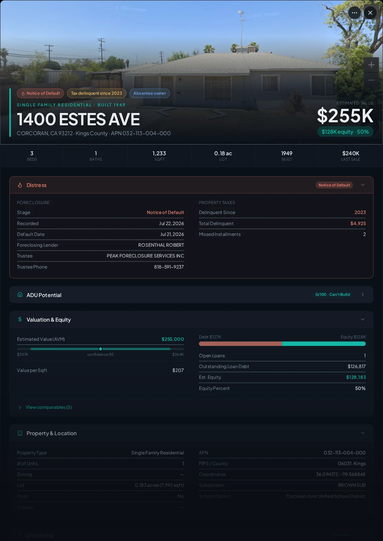 A real Corcoran, California foreclosure record in Properant — stage, recorded dates, lender, trustee, loans, liens, and equity on one page