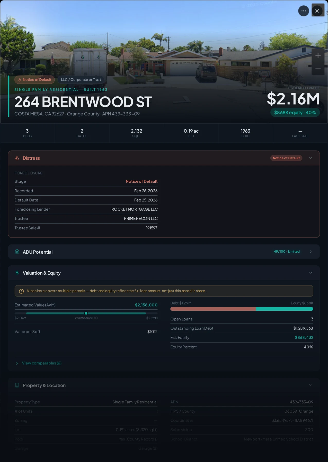 A real Costa Mesa, California foreclosure record in Properant — stage, recorded dates, lender, trustee, loans, liens, and equity on one page