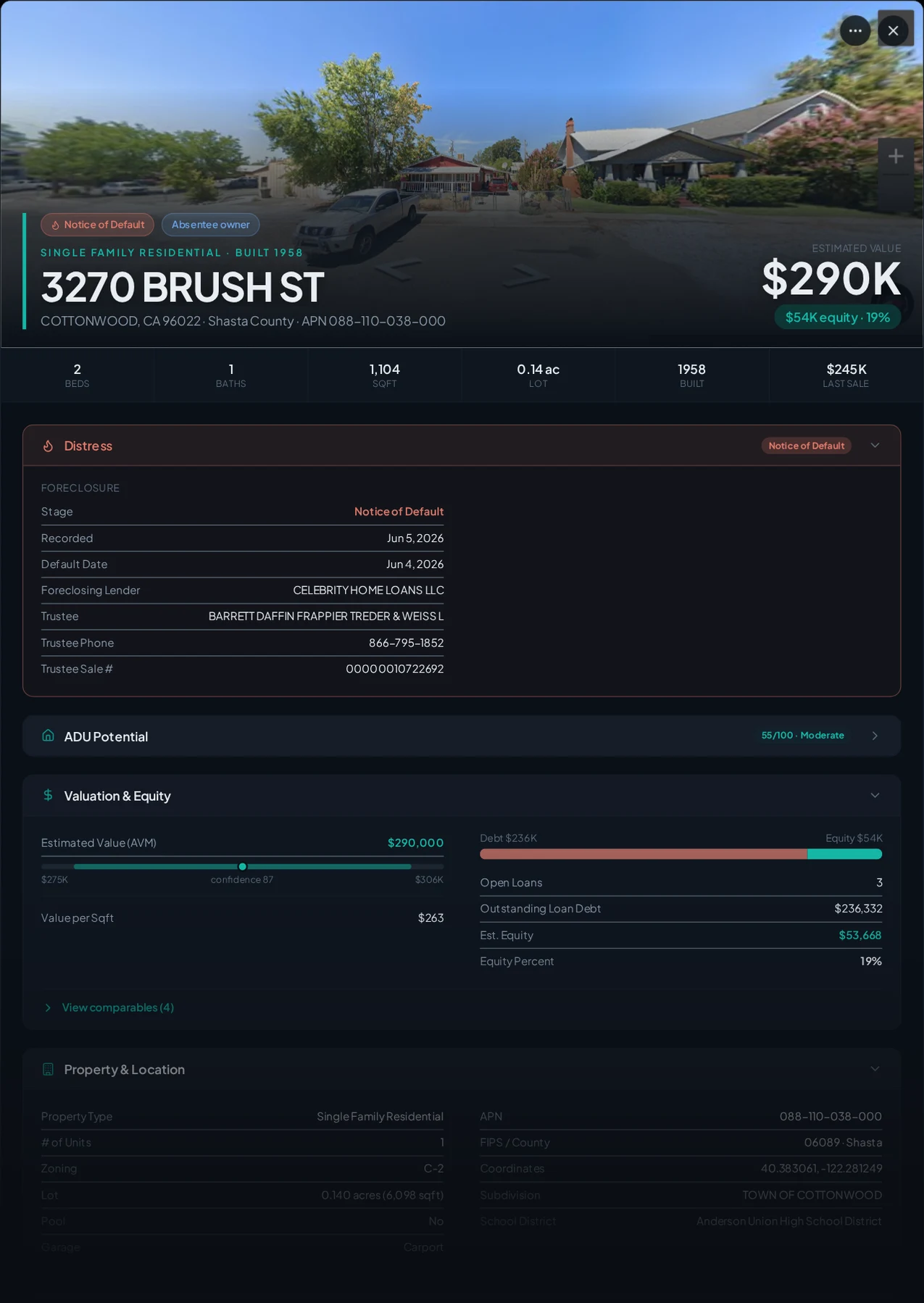 A real Cottonwood, California foreclosure record in Properant — stage, recorded dates, lender, trustee, loans, liens, and equity on one page