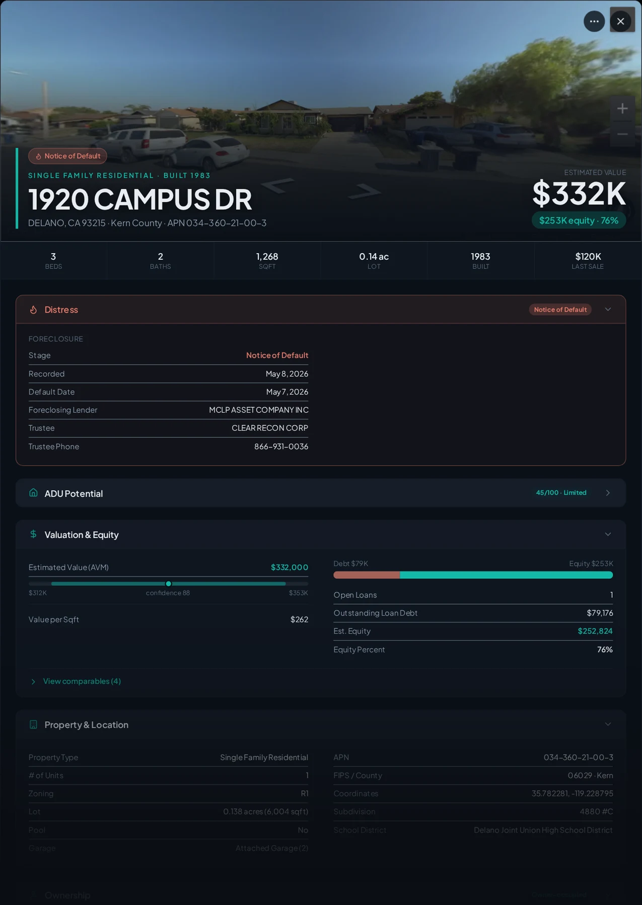 A real Delano, California foreclosure record in Properant — stage, recorded dates, lender, trustee, loans, liens, and equity on one page