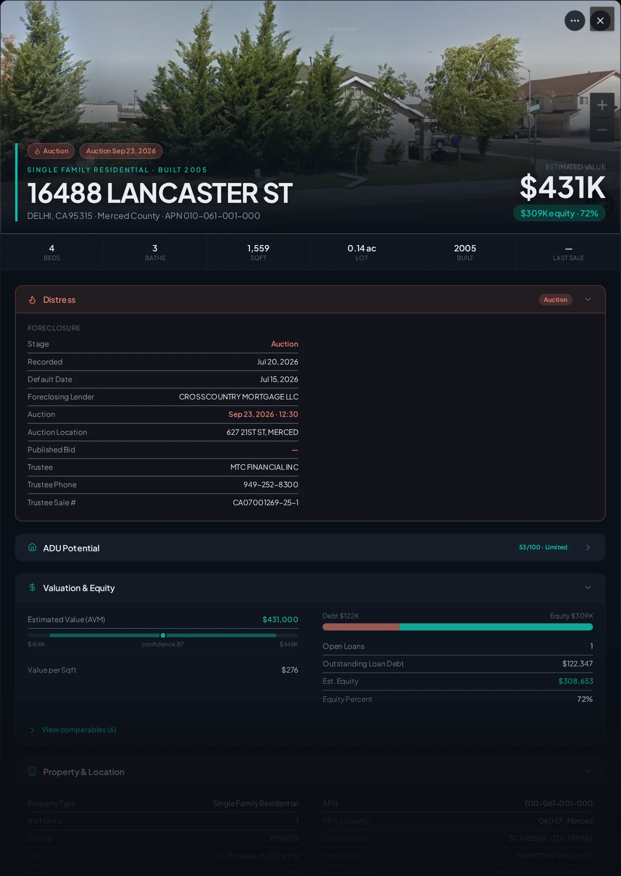 A real Delhi, California foreclosure record in Properant — stage, recorded dates, lender, trustee, loans, liens, and equity on one page