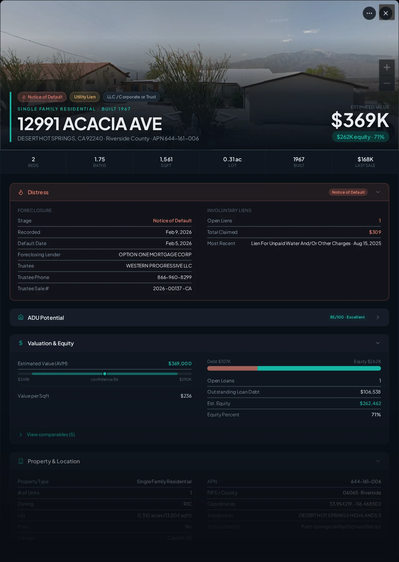 A real Desert Hot Springs, California foreclosure record in Properant — stage, recorded dates, lender, trustee, loans, liens, and equity on one page