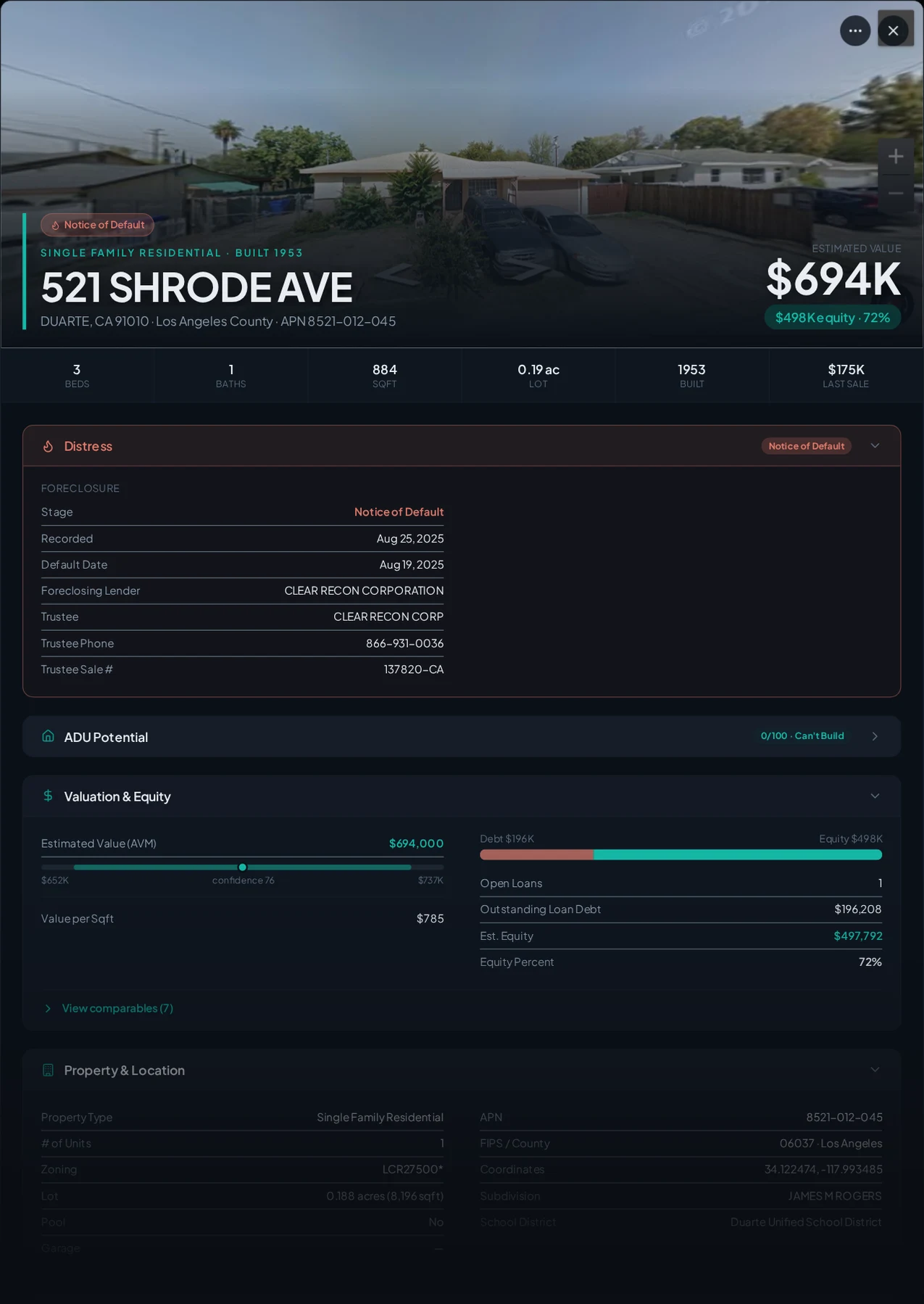 A real Duarte, California foreclosure record in Properant — stage, recorded dates, lender, trustee, loans, liens, and equity on one page