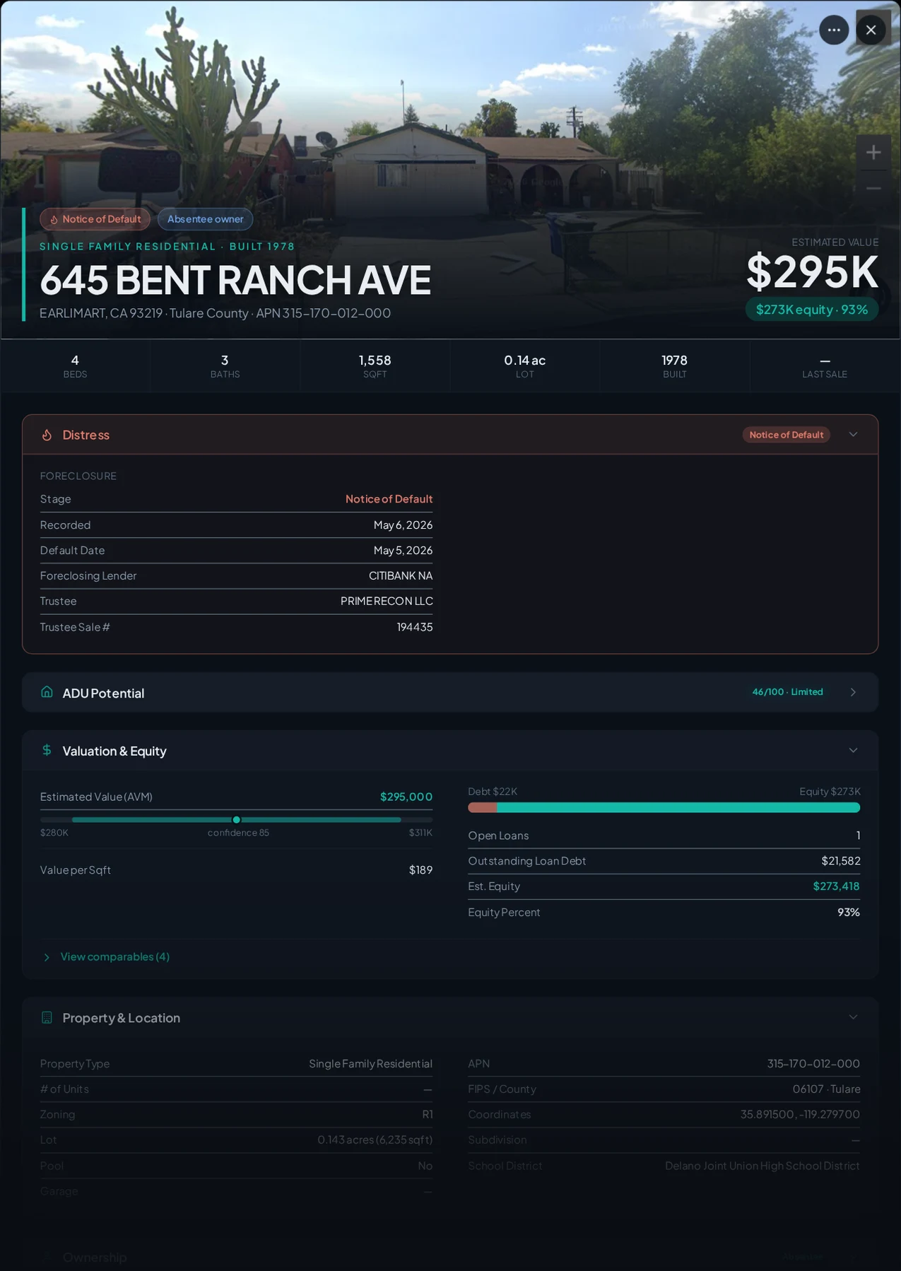 A real Earlimart, California foreclosure record in Properant — stage, recorded dates, lender, trustee, loans, liens, and equity on one page