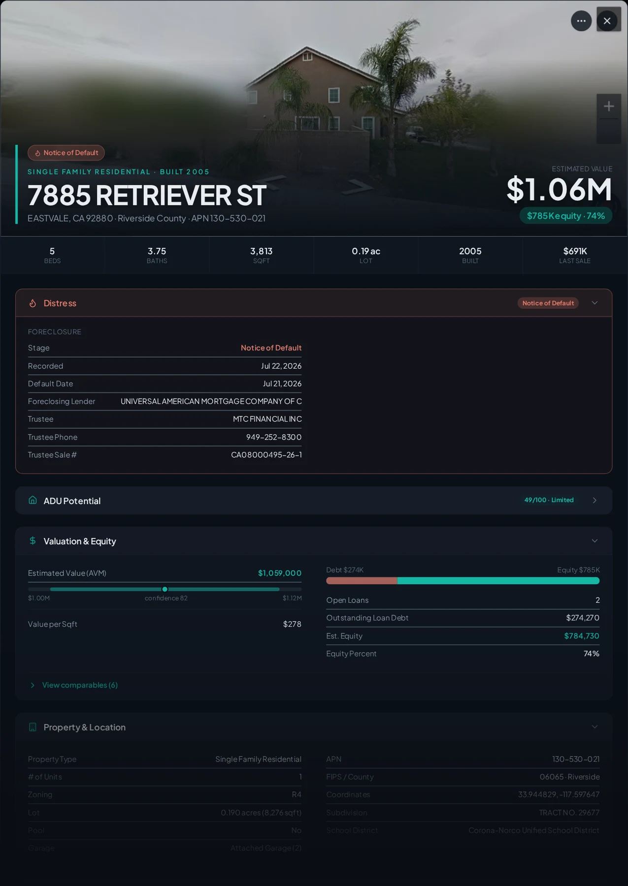 A real Eastvale, California foreclosure record in Properant — stage, recorded dates, lender, trustee, loans, liens, and equity on one page