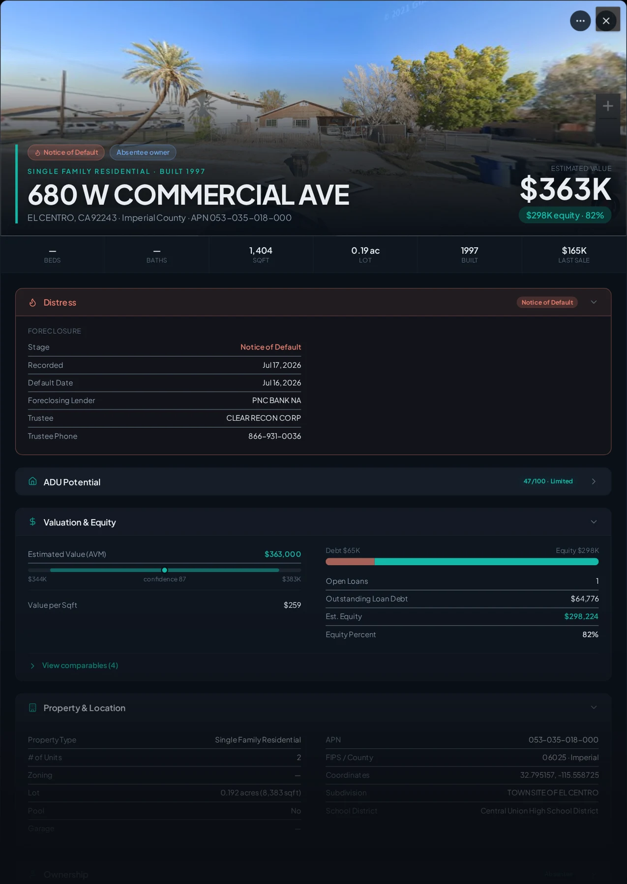 A real El Centro, California foreclosure record in Properant — stage, recorded dates, lender, trustee, loans, liens, and equity on one page