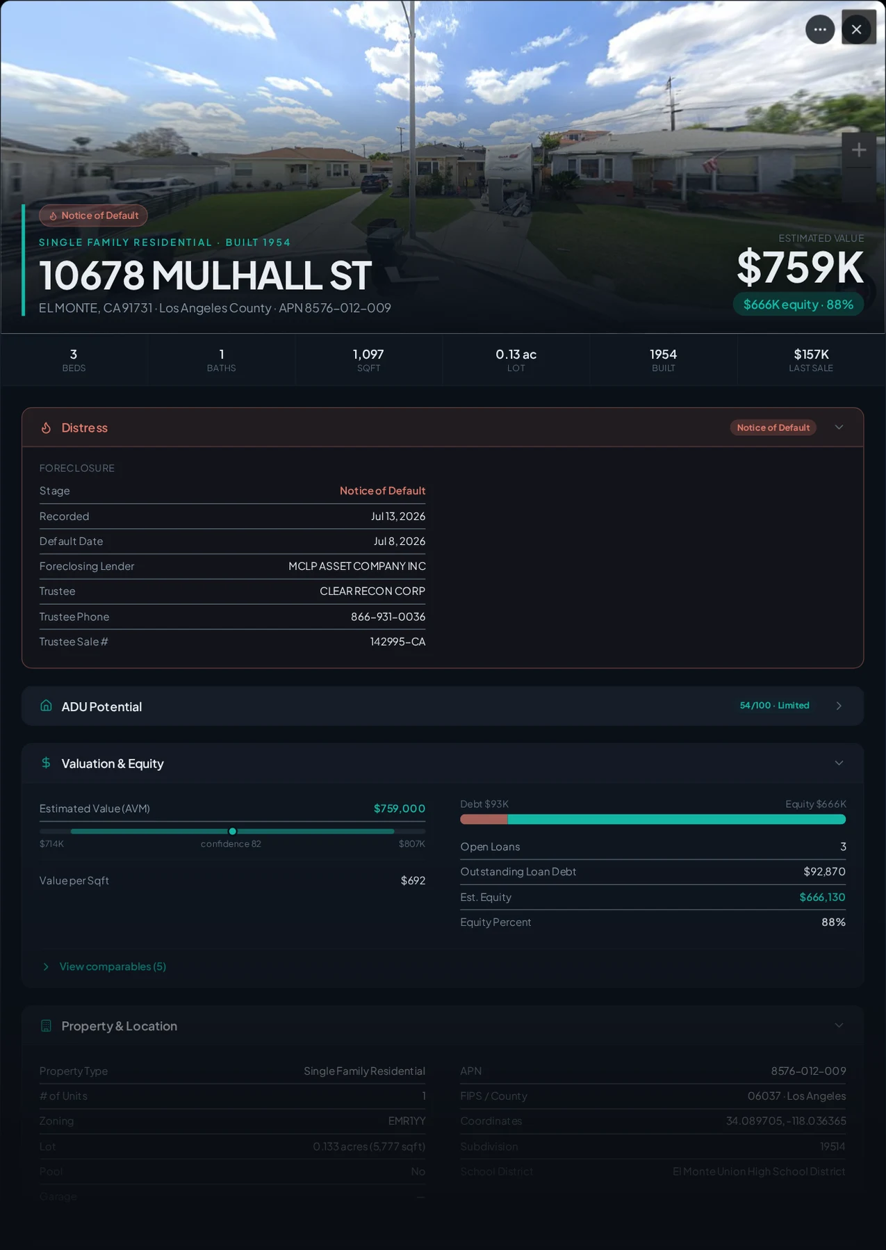 A real El Monte, California foreclosure record in Properant — stage, recorded dates, lender, trustee, loans, liens, and equity on one page