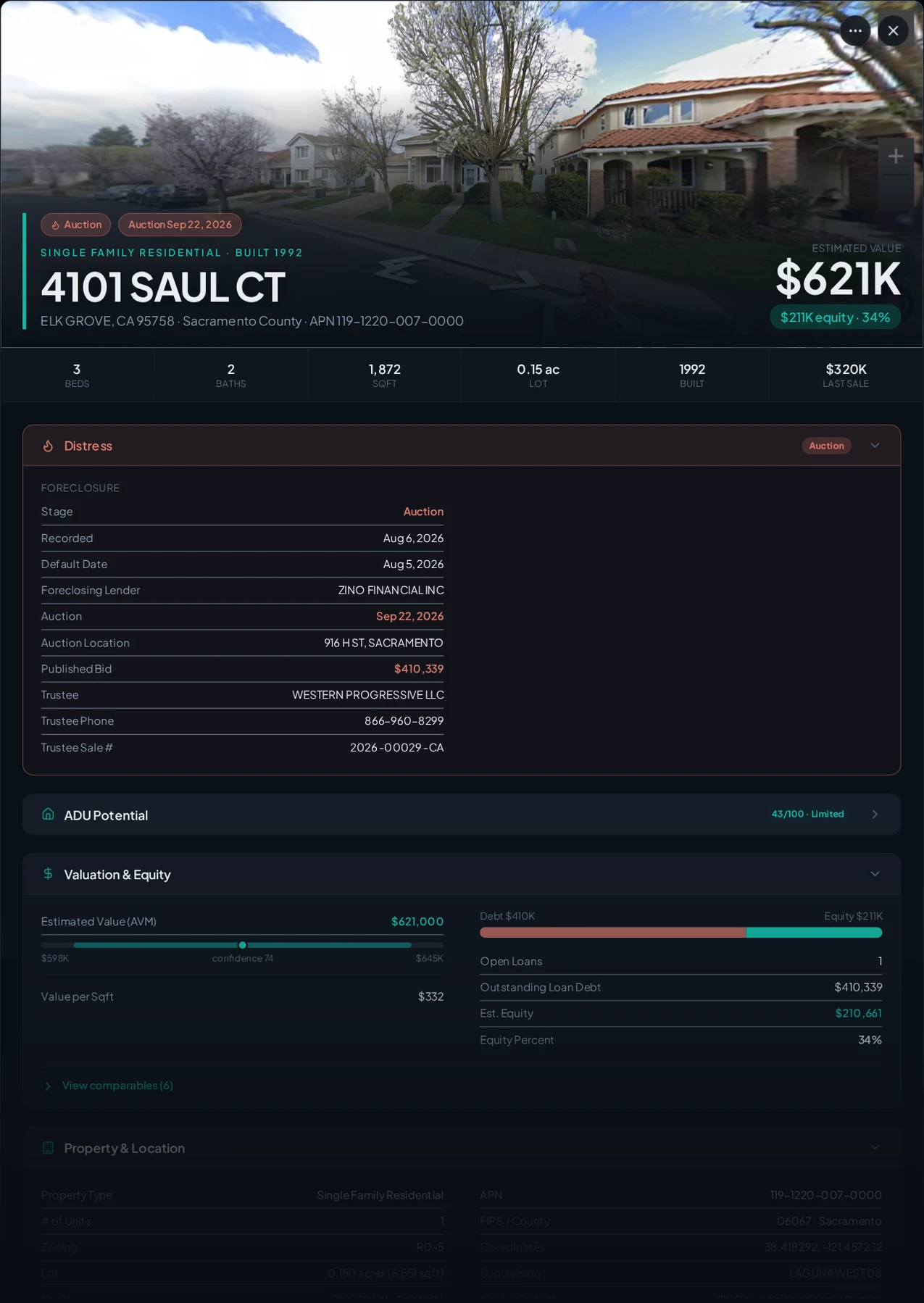 A real Elk Grove, California foreclosure record in Properant — stage, recorded dates, lender, trustee, loans, liens, and equity on one page