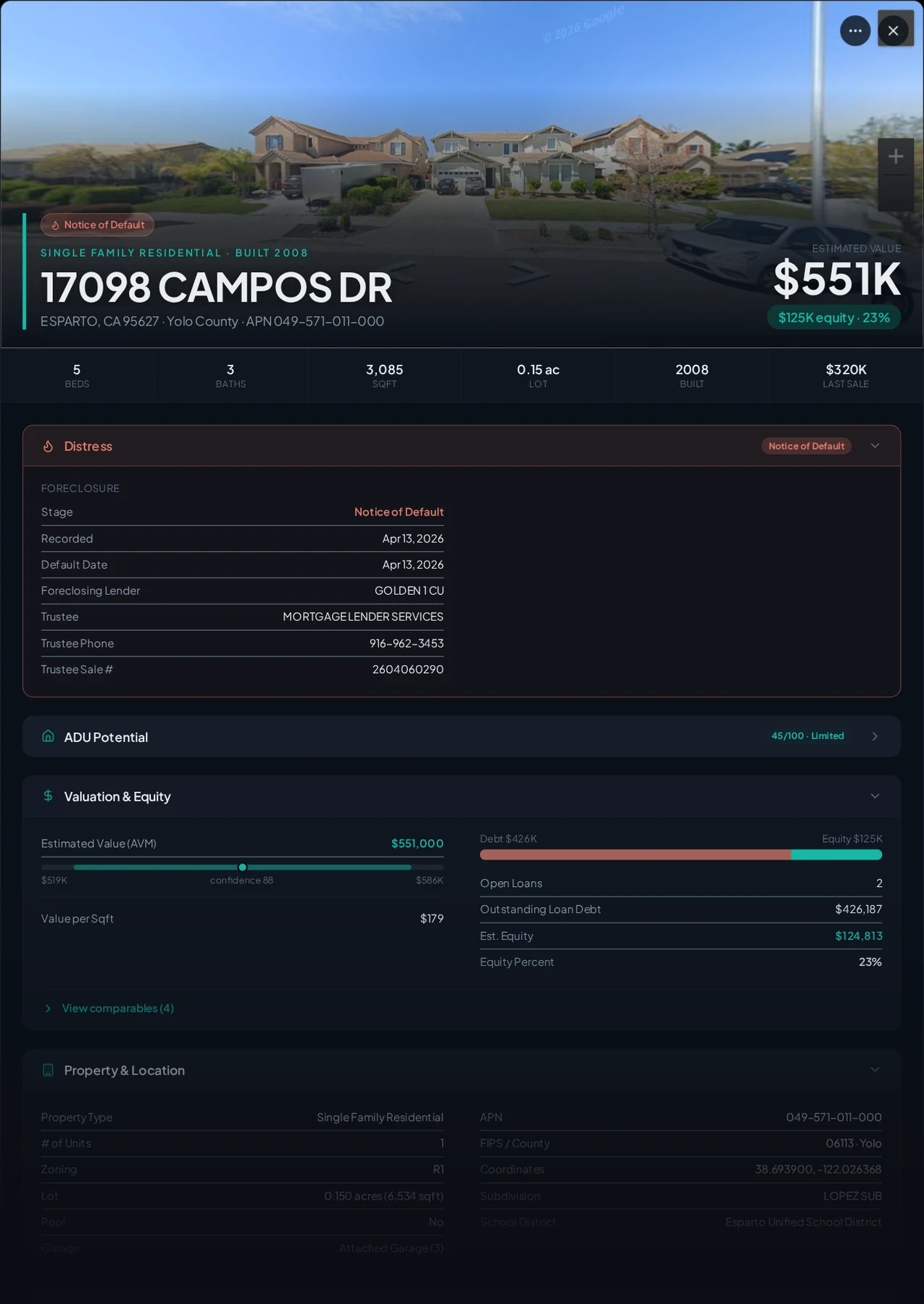 A real Esparto, California foreclosure record in Properant — stage, recorded dates, lender, trustee, loans, liens, and equity on one page