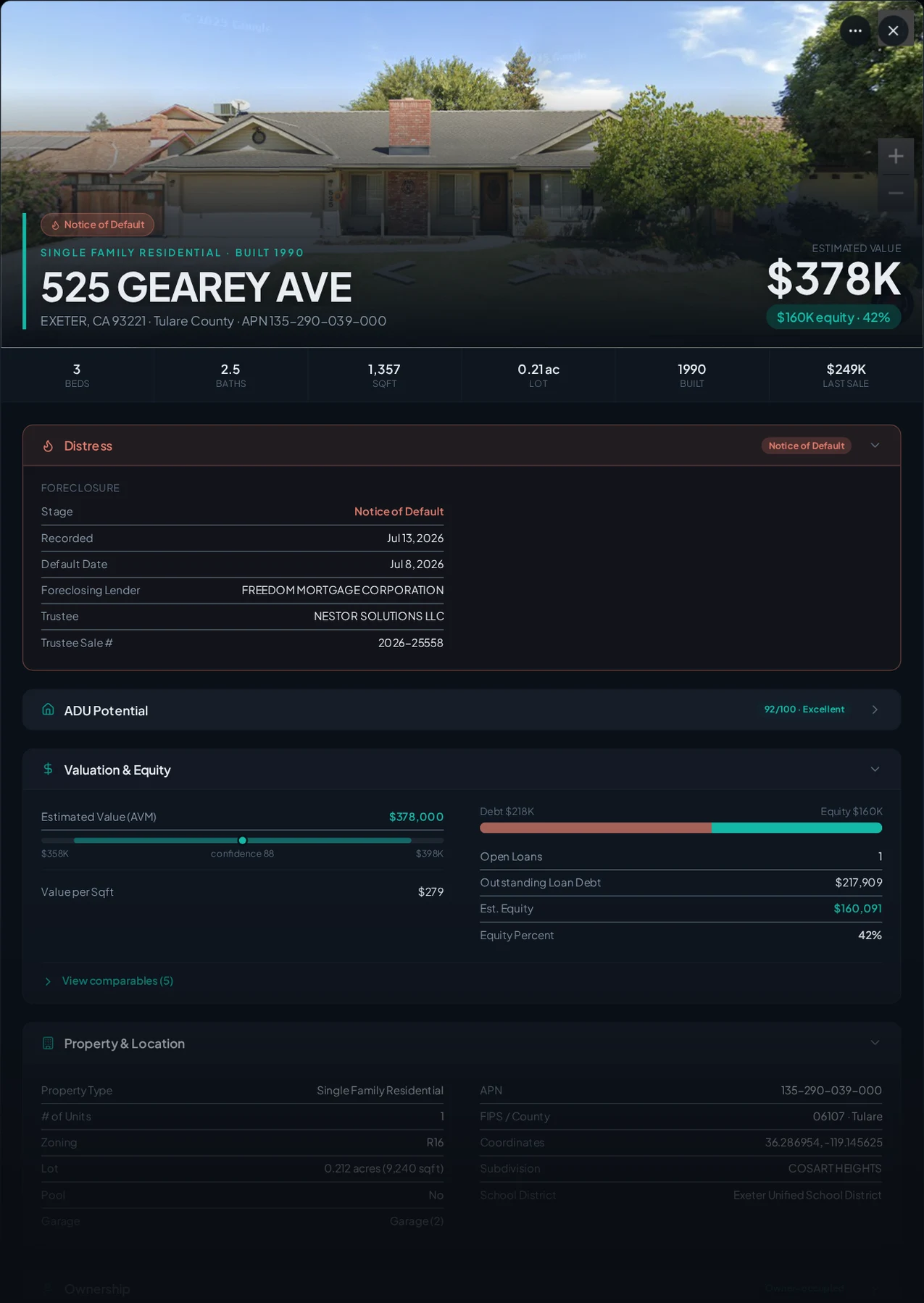 A real Exeter, California foreclosure record in Properant — stage, recorded dates, lender, trustee, loans, liens, and equity on one page