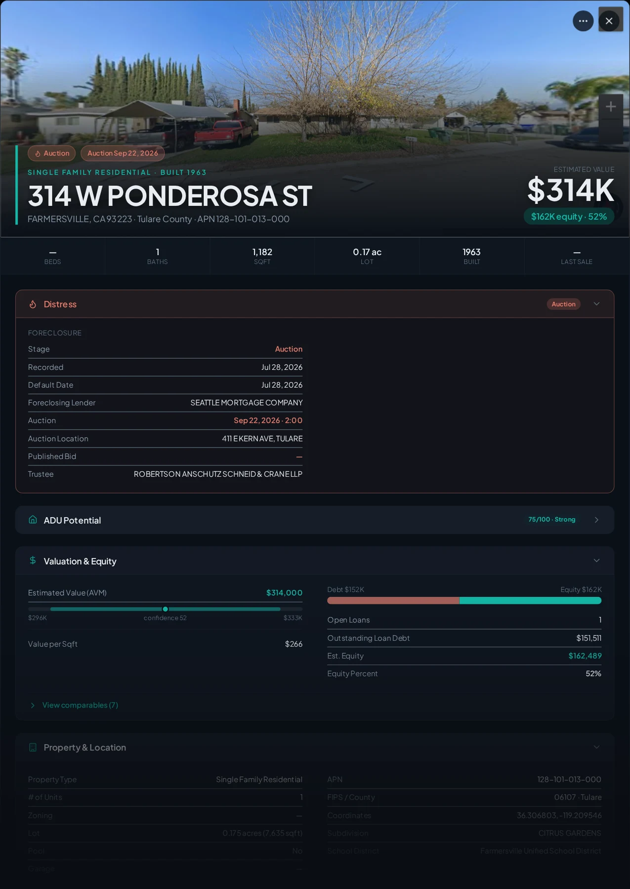 A real Farmersville, California foreclosure record in Properant — stage, recorded dates, lender, trustee, loans, liens, and equity on one page