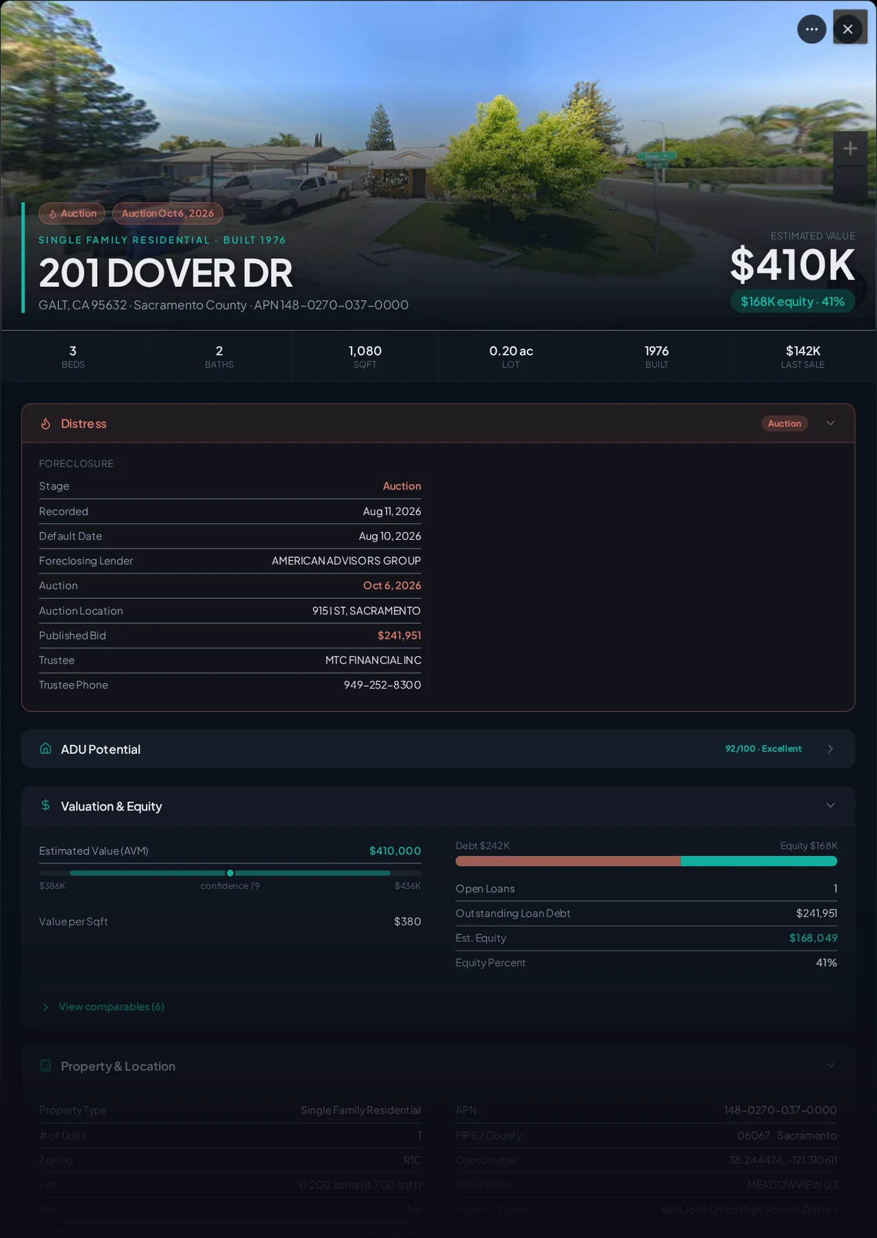 A real Galt, California foreclosure record in Properant — stage, recorded dates, lender, trustee, loans, liens, and equity on one page