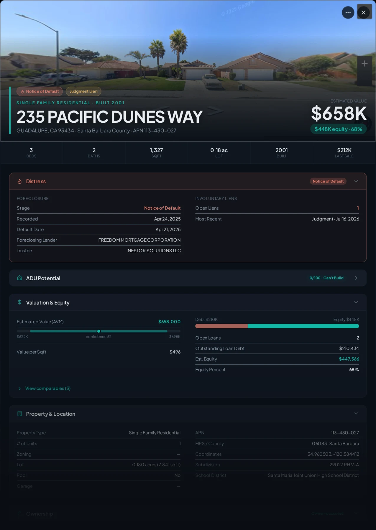 A real Guadalupe, California foreclosure record in Properant — stage, recorded dates, lender, trustee, loans, liens, and equity on one page