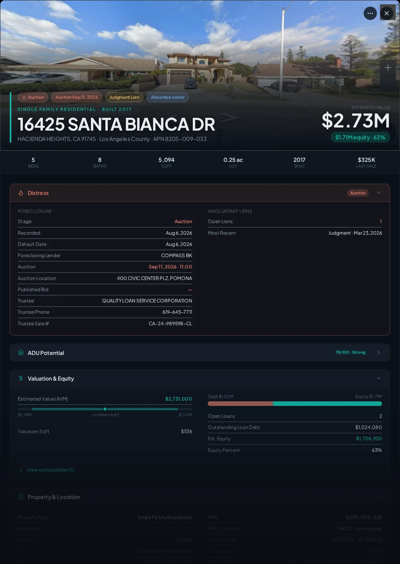 A real Hacienda Heights, California foreclosure record in Properant — stage, recorded dates, lender, trustee, loans, liens, and equity on one page