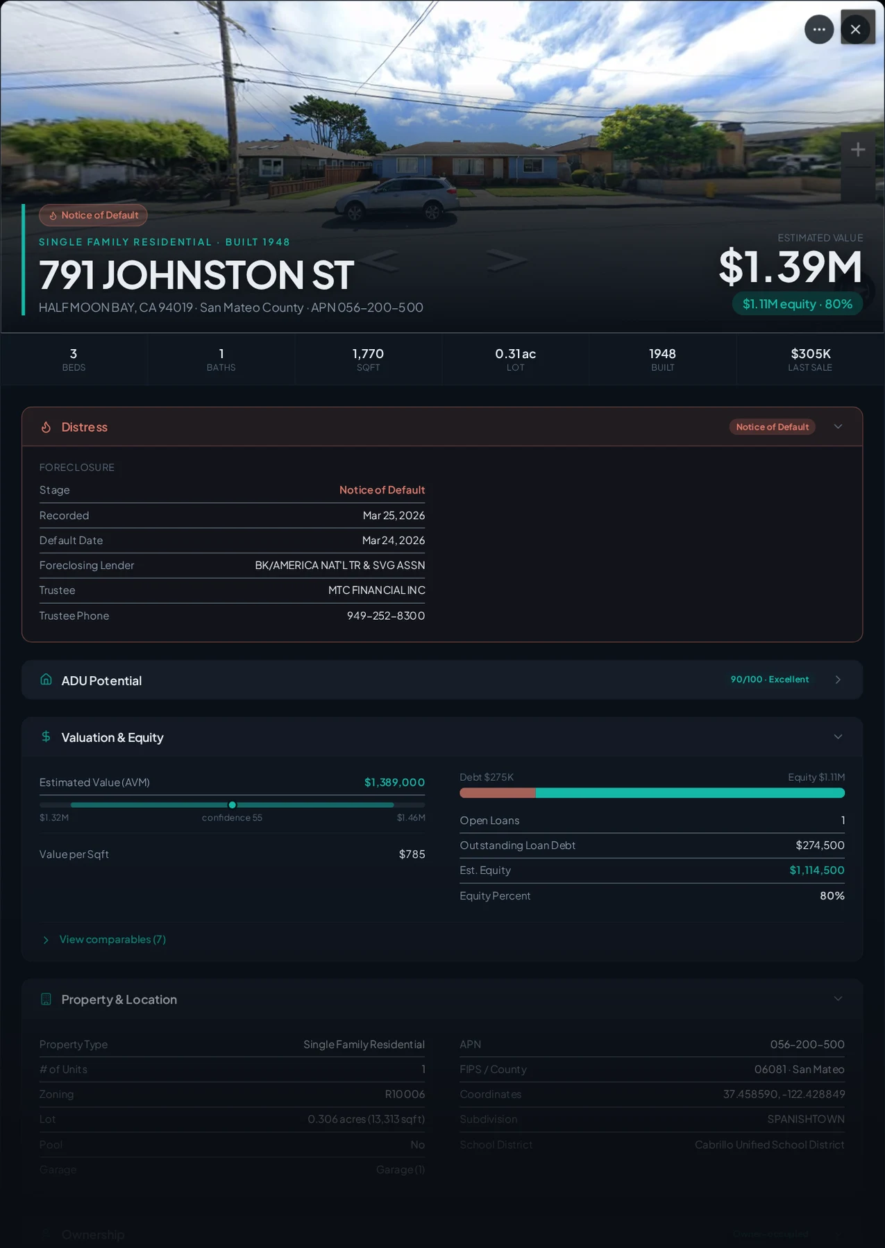 A real Half Moon Bay, California foreclosure record in Properant — stage, recorded dates, lender, trustee, loans, liens, and equity on one page