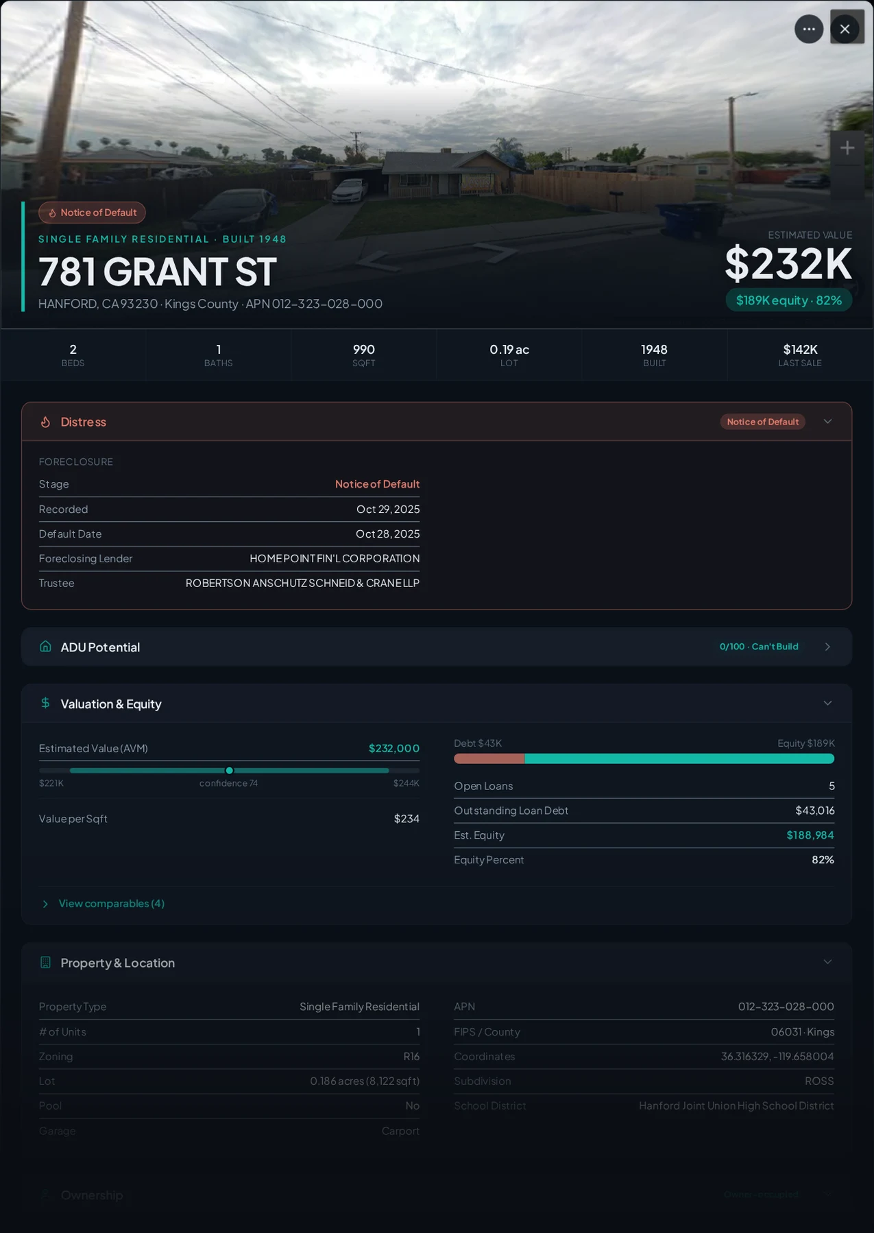 A real Hanford, California foreclosure record in Properant — stage, recorded dates, lender, trustee, loans, liens, and equity on one page