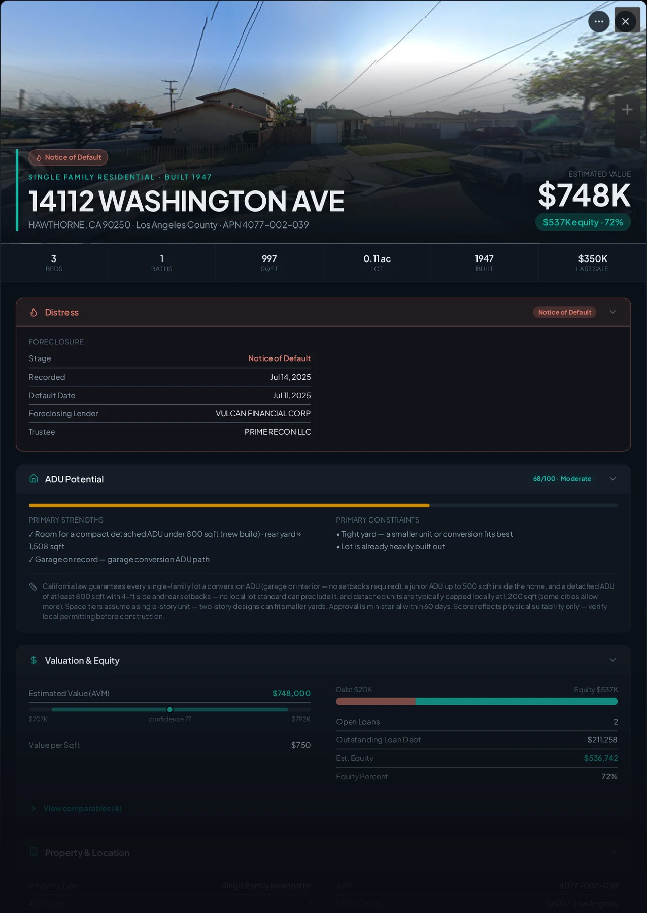 A real Hawthorne, California foreclosure record in Properant — stage, recorded dates, lender, trustee, loans, liens, and equity on one page