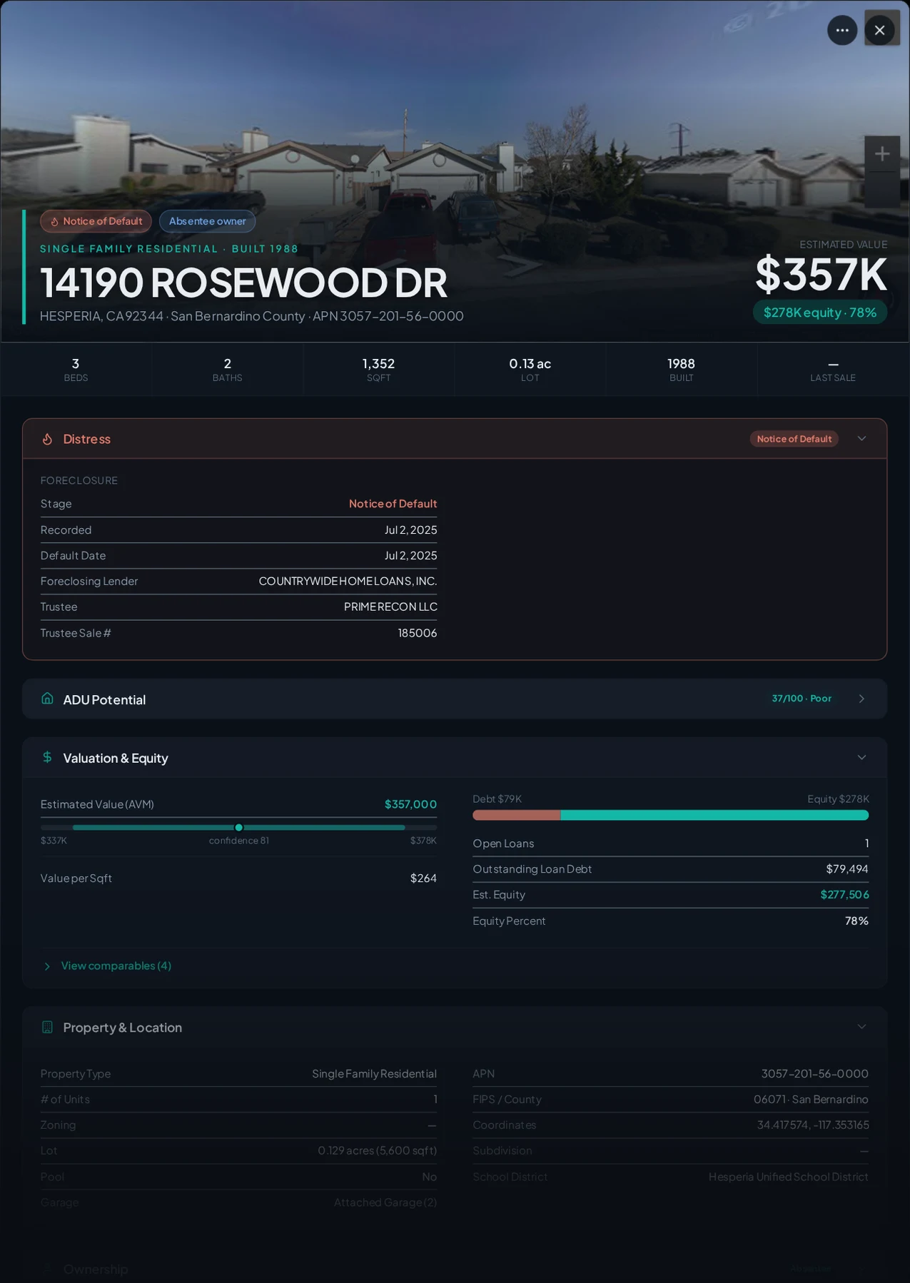 A real Hesperia, California foreclosure record in Properant — stage, recorded dates, lender, trustee, loans, liens, and equity on one page