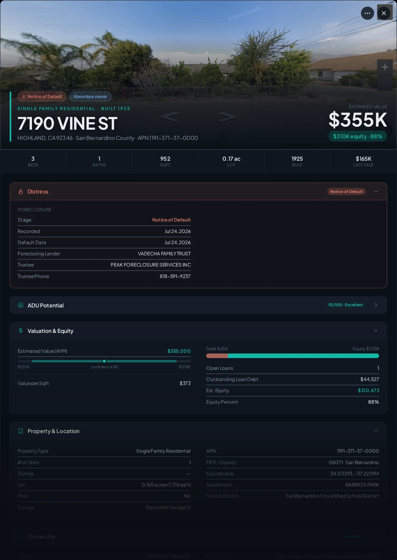 A real Highland, California foreclosure record in Properant — stage, recorded dates, lender, trustee, loans, liens, and equity on one page