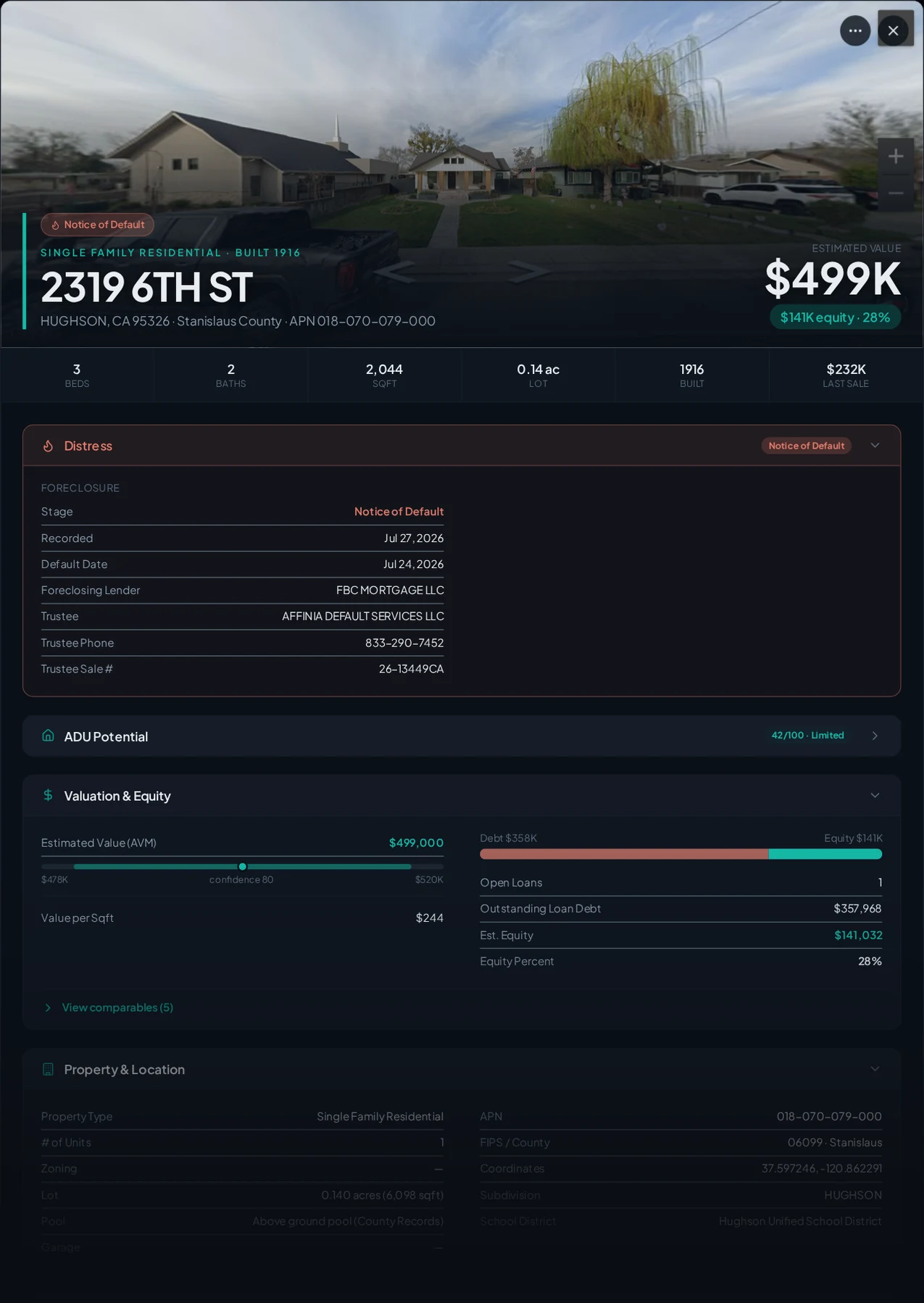 A real Hughson, California foreclosure record in Properant — stage, recorded dates, lender, trustee, loans, liens, and equity on one page