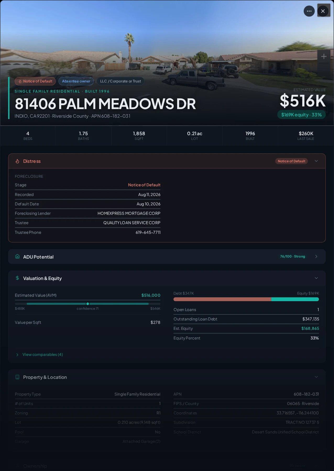 A real Indio, California foreclosure record in Properant — stage, recorded dates, lender, trustee, loans, liens, and equity on one page