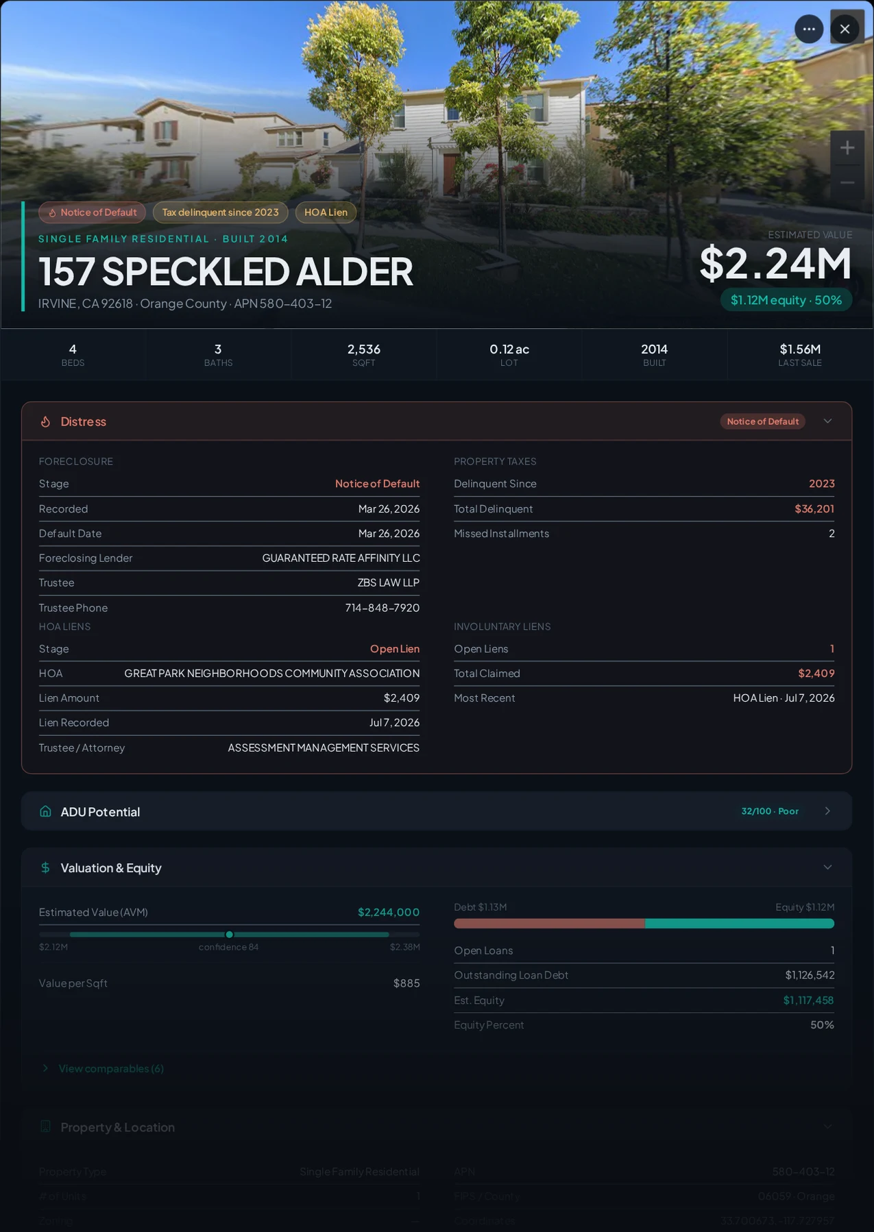 A real Irvine, California foreclosure record in Properant — stage, recorded dates, lender, trustee, loans, liens, and equity on one page